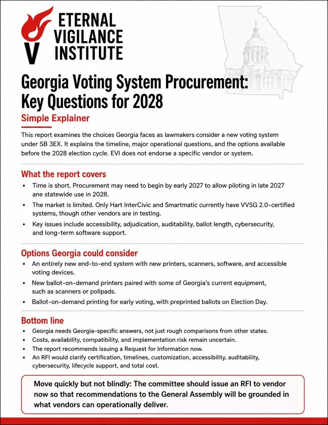 Report titled 'Georgia Voting System Procurement: Key Questions for 2028' by Eternal Vigilance Institute, with a map outline of Georgia and a faint image of the state capitol building in the top right corner.