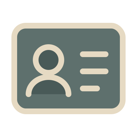 Icon of a person with lines representing text on a dark background, resembling an ID badge or profile card.