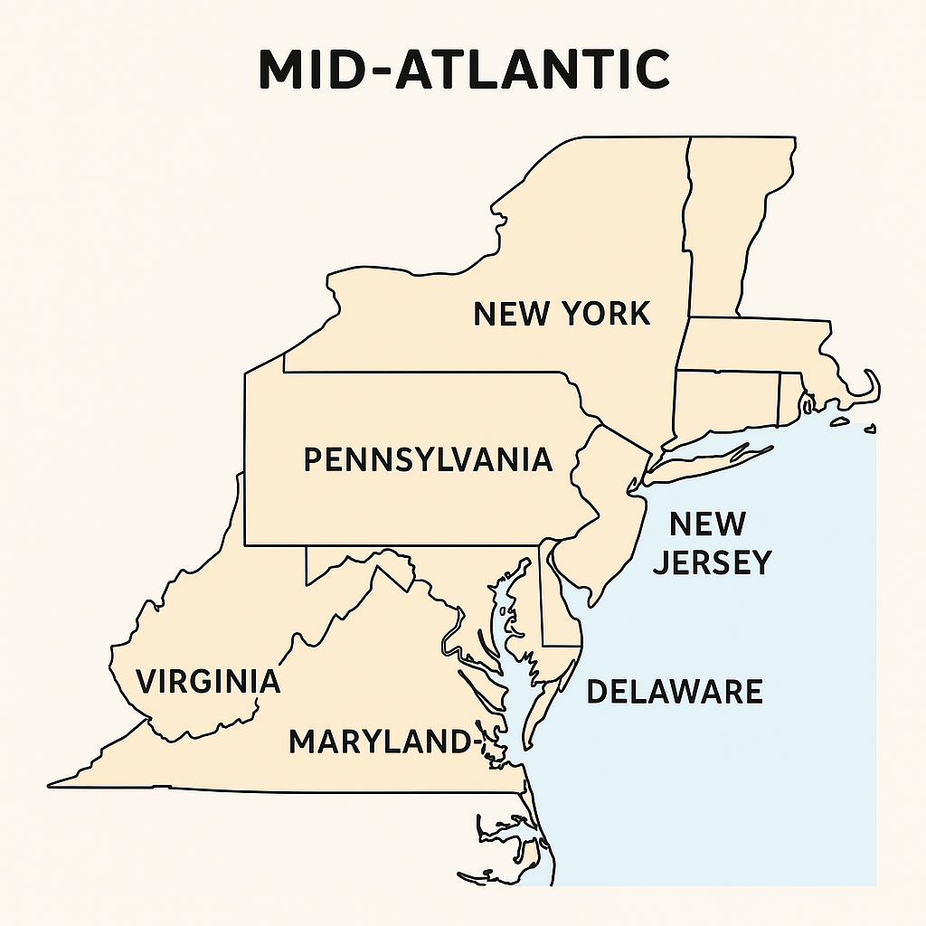 Map of the Mid-Atlantic region of the United States showing states: New York, New Jersey, Delaware, Maryland, Virginia, and Pennsylvania.