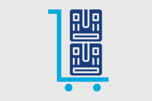 A shopping cart icon with a barcode symbol inside it.