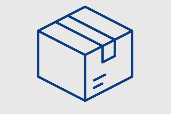 Line drawing of a cardboard box with packing tape on top and shipping label on the front.