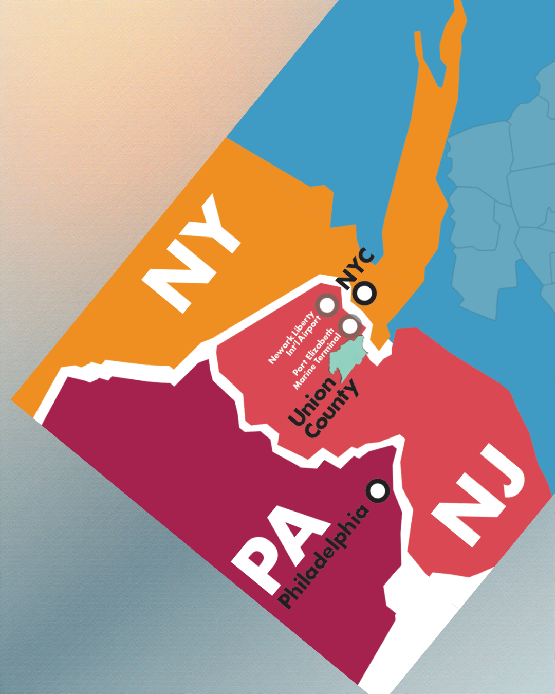 Map of New York State divided into regions with labels for NYC, Nassau, and Pennsylvania, highlighting Union County, NJ, and nearby airports and terminals.