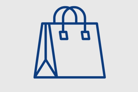 Line drawing of three shopping bags, two with handles and one with a folded top.