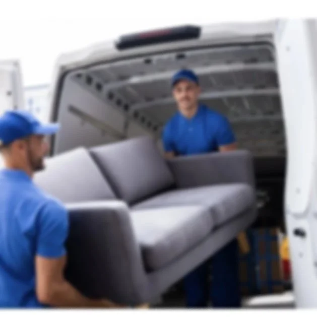 Two movers loading a grey sofa into a white moving van, both wearing blue uniforms and caps.