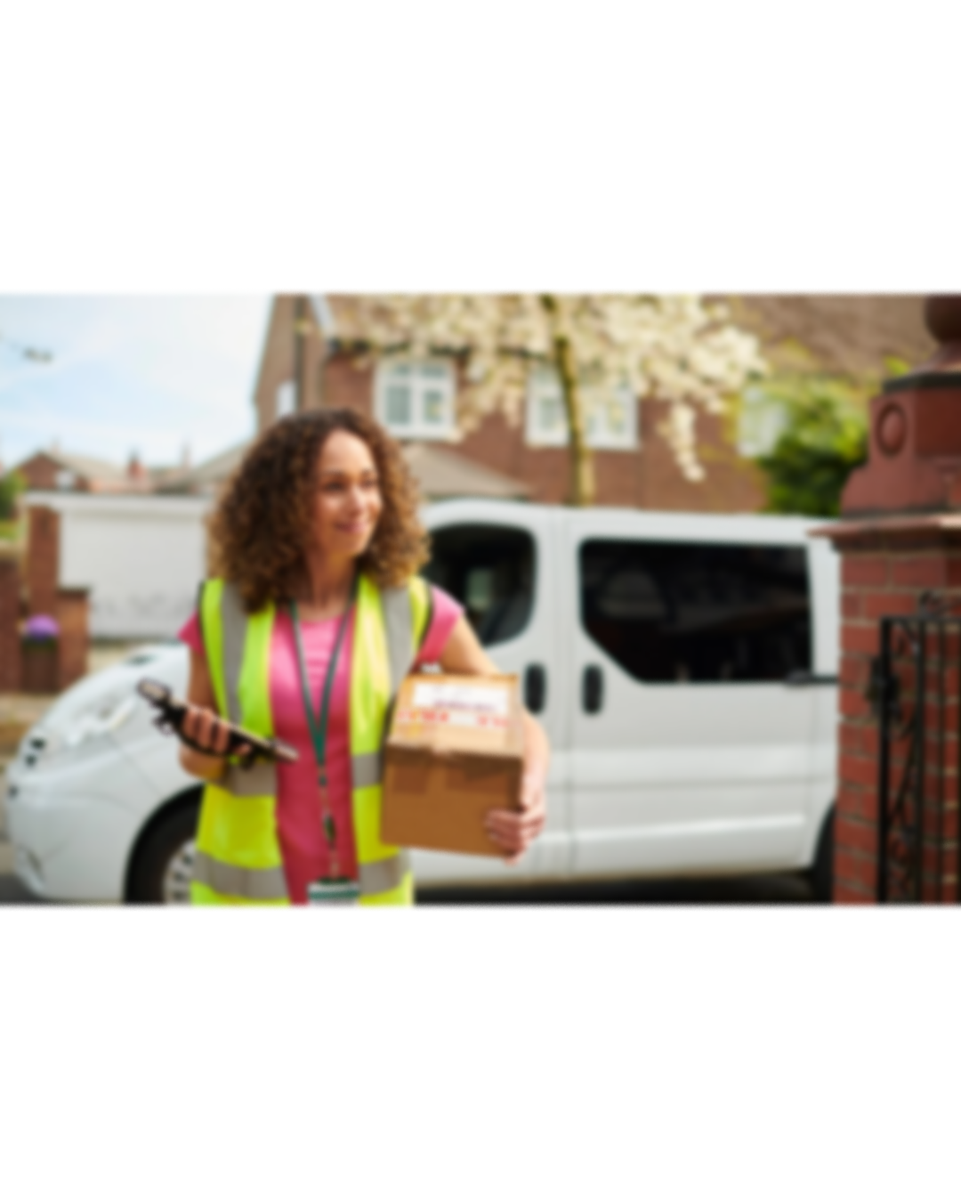 A woman delivery worker holding a food delivery box and a handheld device, standing outdoors near a white van and a brick house with a blooming tree in the background.