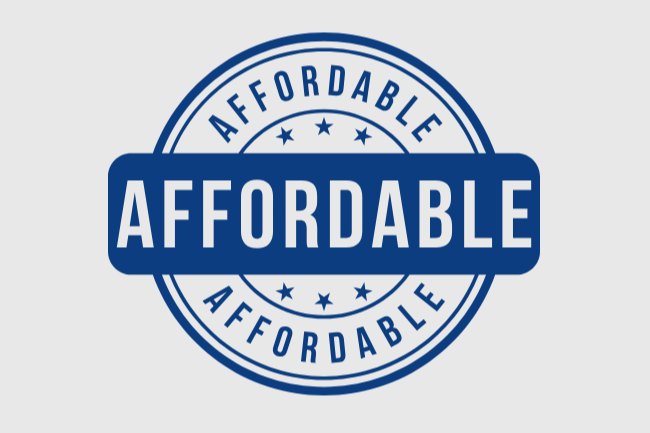 Blue circular badge with the word 'Affordable' in the center and repeated around the circle.