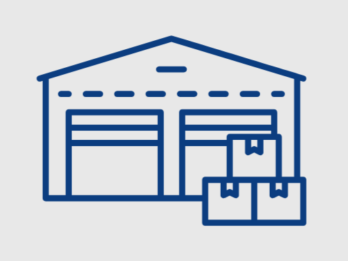 Icon of a warehouse with three boxes in front of it.