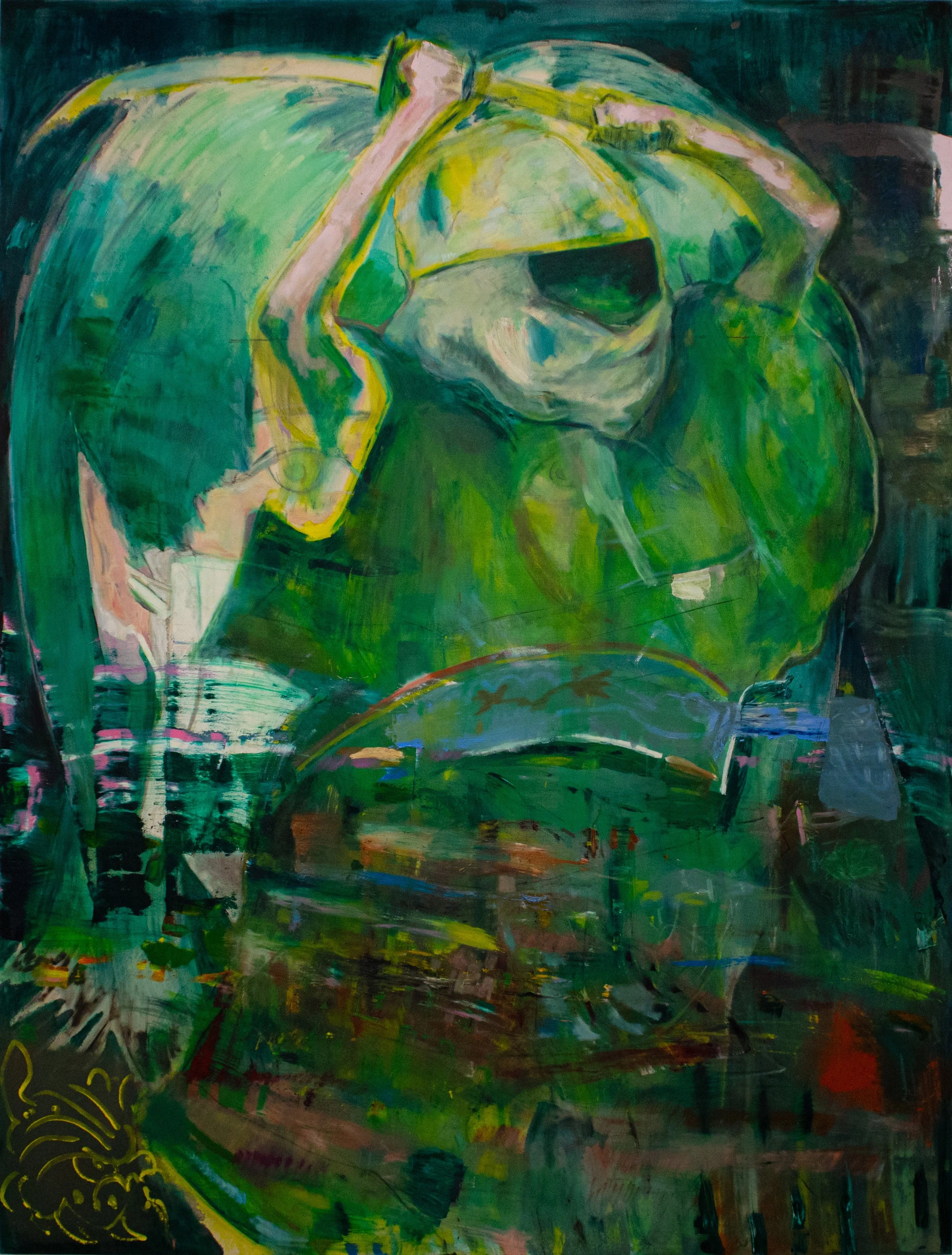 An abstract painting of a person wearing a green helmet or mask with eye cover, drinking from a large cup, with green and dark shades dominating the background and surroundings.