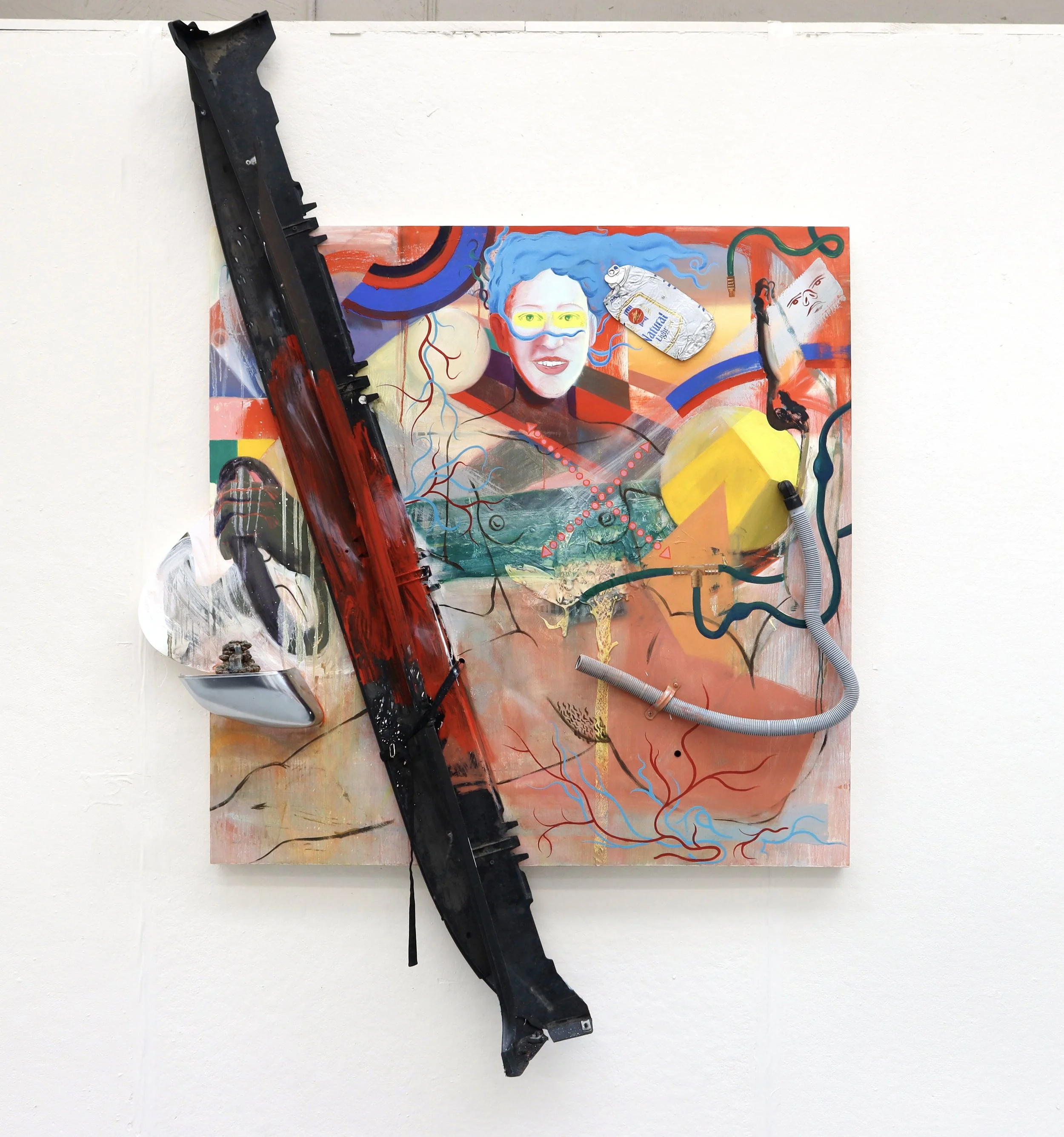 Natural Light, 78 x 48 x 7 in., oil paint, found car bumper, side mirror, strap, AC pump, statue and Natural Light beer can on panel, 2025