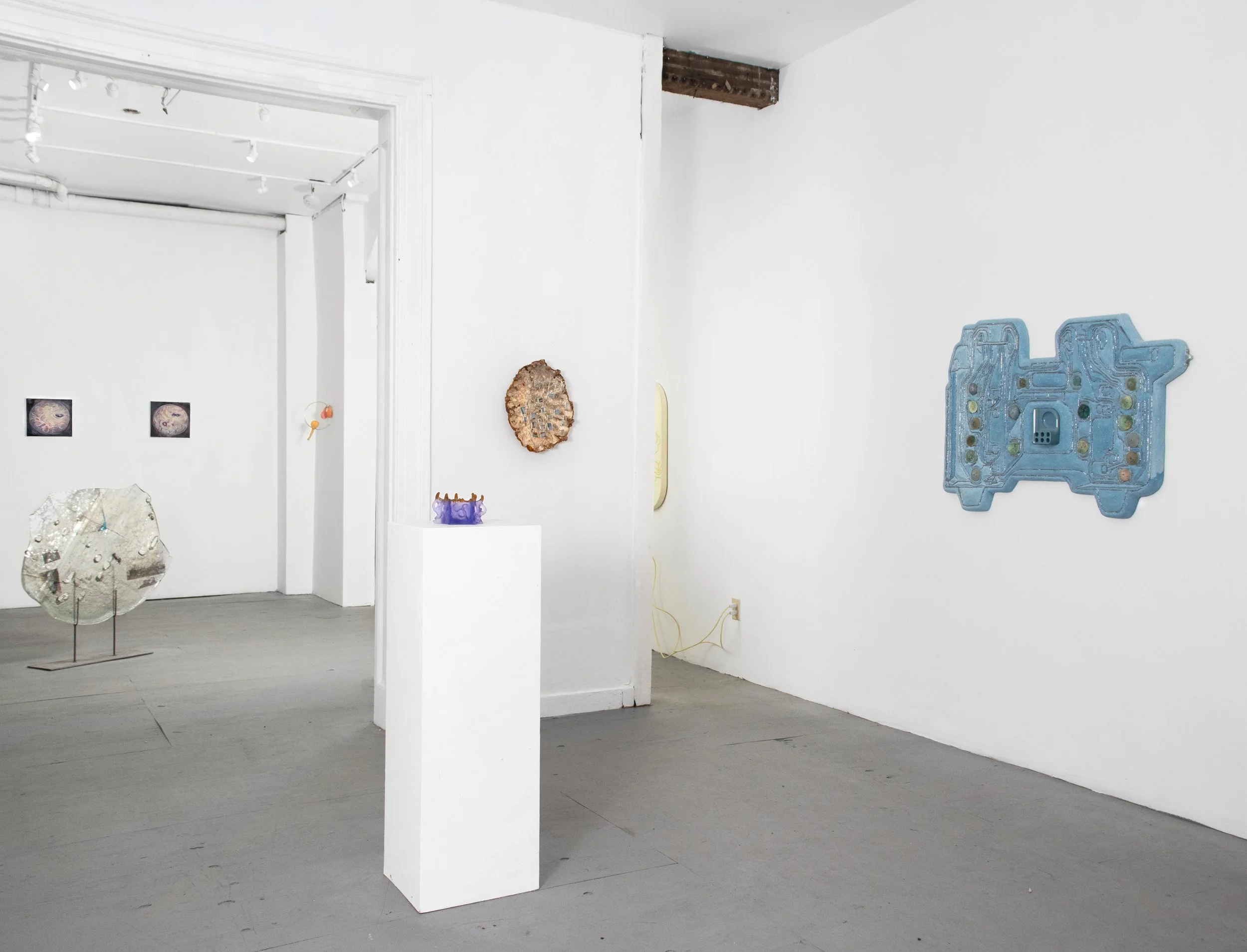 Gallery with abstract art pieces on white walls, including a blue mixed-media piece, a circular textured sculpture, and three smaller artworks.