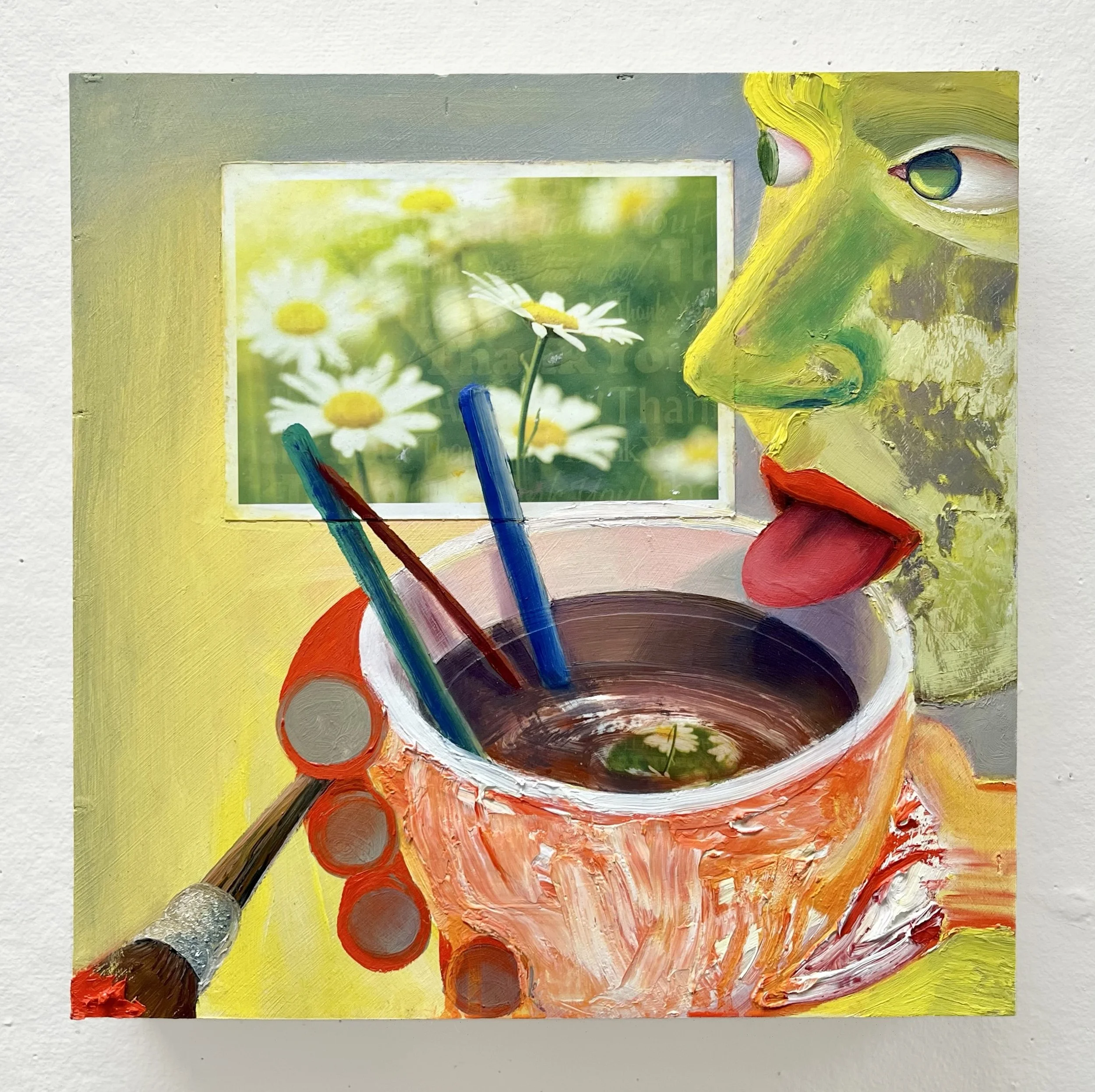 Thank You, Thank You, 12 x 12 in., oil paint and found greeting card on panel, 2025 