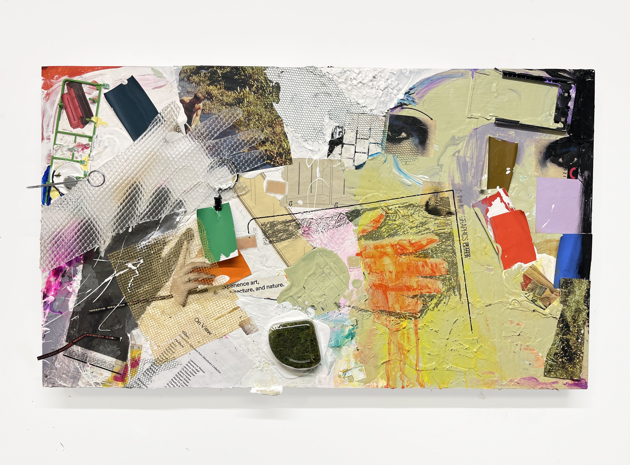 Experiencing Art, Architecture and Nature at the Glenstone Museum in Potomac, MD, 17.5 x 30 in., Glenstone Museum guide, moss, house paint, found images, plastic, Color-aid and Letraset on panel, 2025