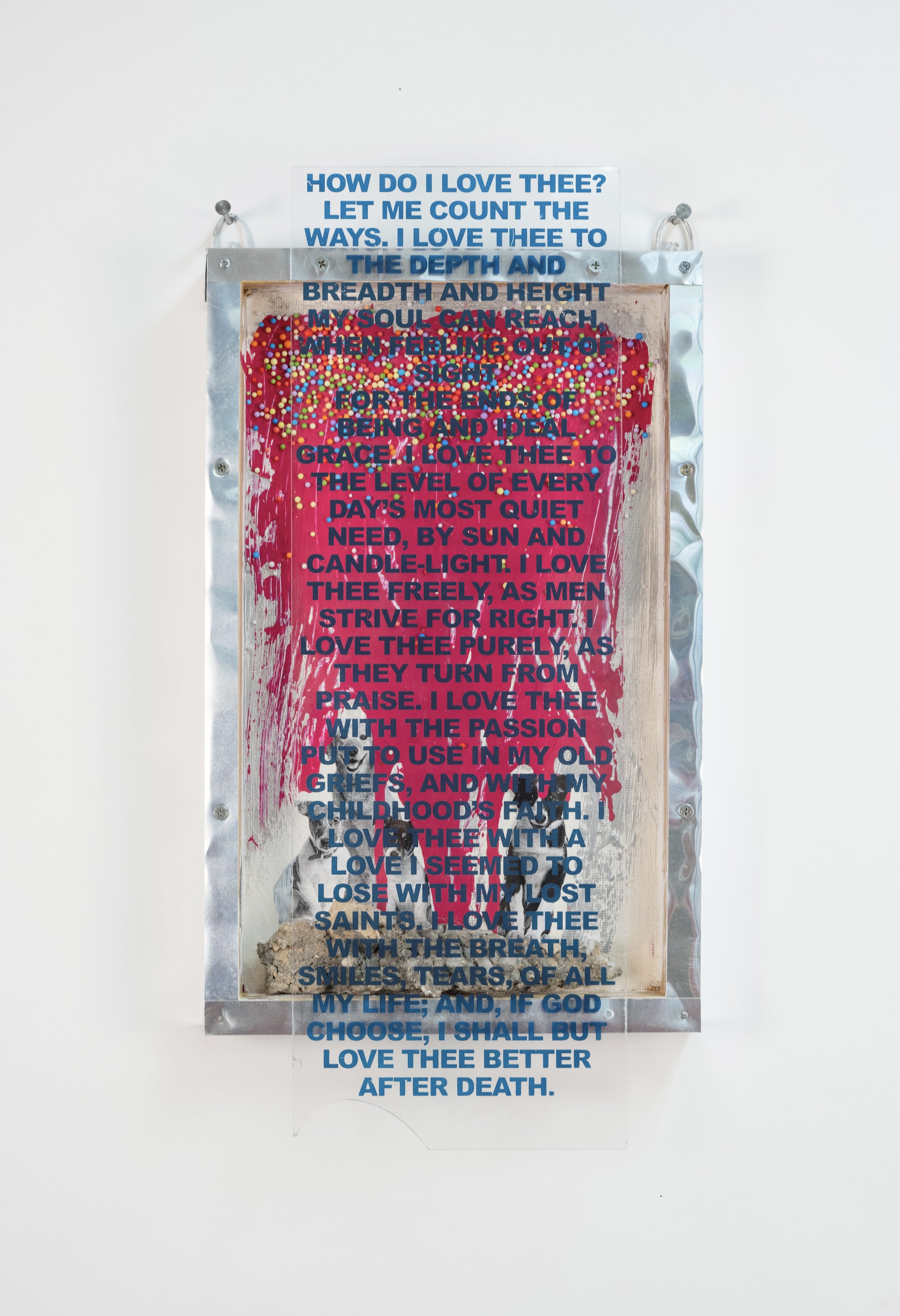 Rock in a Hard Place, 17 x 11.5 x 2 in., found poem, plastic, asphalt shard, image, acrylic paint, foam balls and aluminum on backward panel, 2025