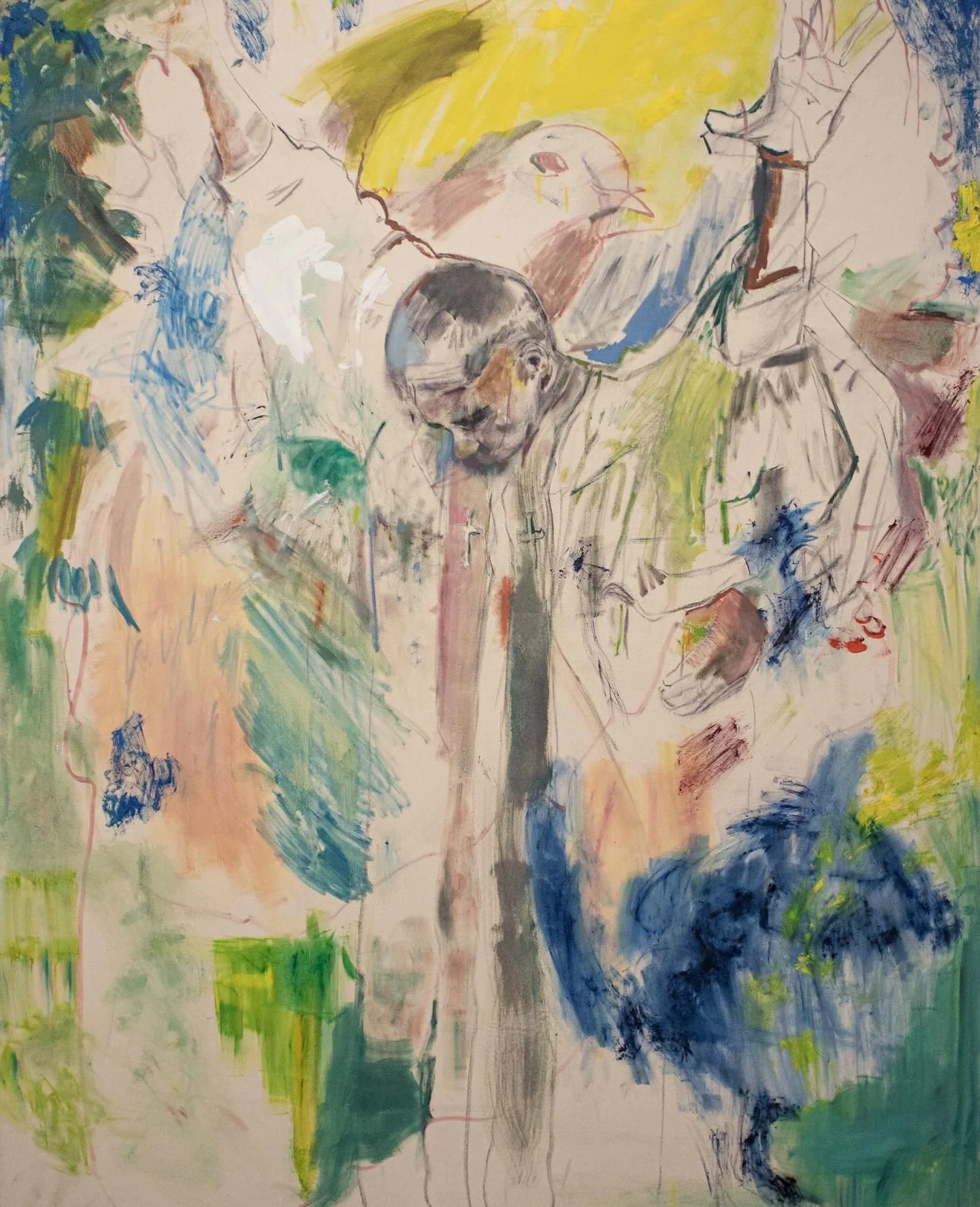 A colorful abstract painting of a man with short hair, wearing a light-colored shirt, with a bird behind him and various vibrant brushstrokes.