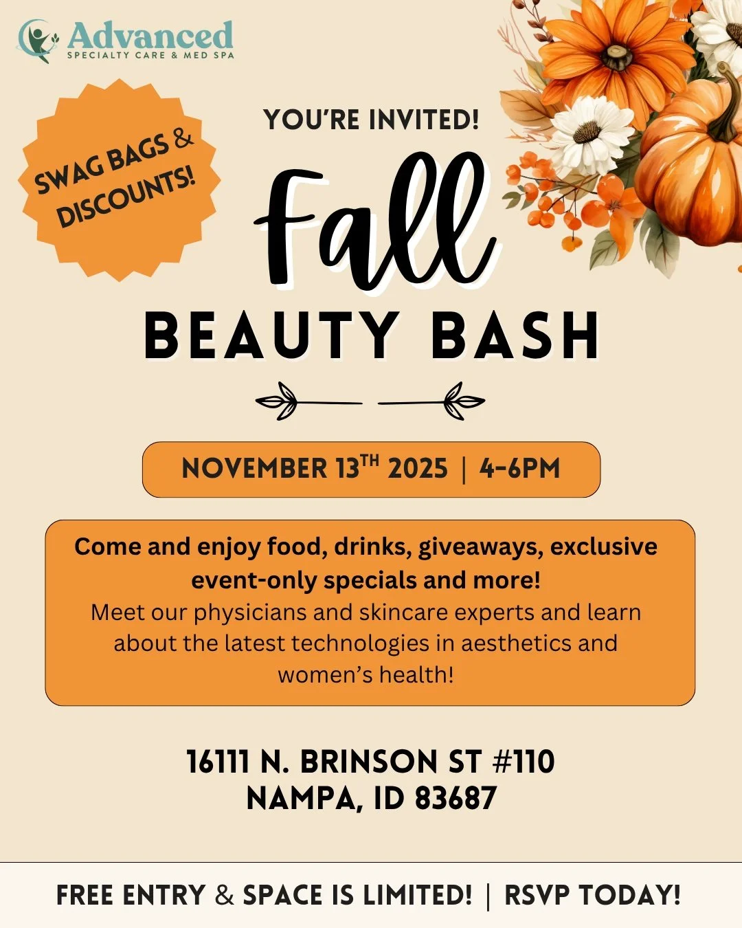 You&rsquo;re invited to our Fall Beauty Bash!💄
✨ Swag bags, exclusive discounts, giveaways, and more - all while sipping, snacking, and celebrating fall with us!🍁
📅 Nov 13 | 4&ndash;6 PM
📍 Advanced Specialty Care &amp; Med Spa, Nampa
💥 Free entr