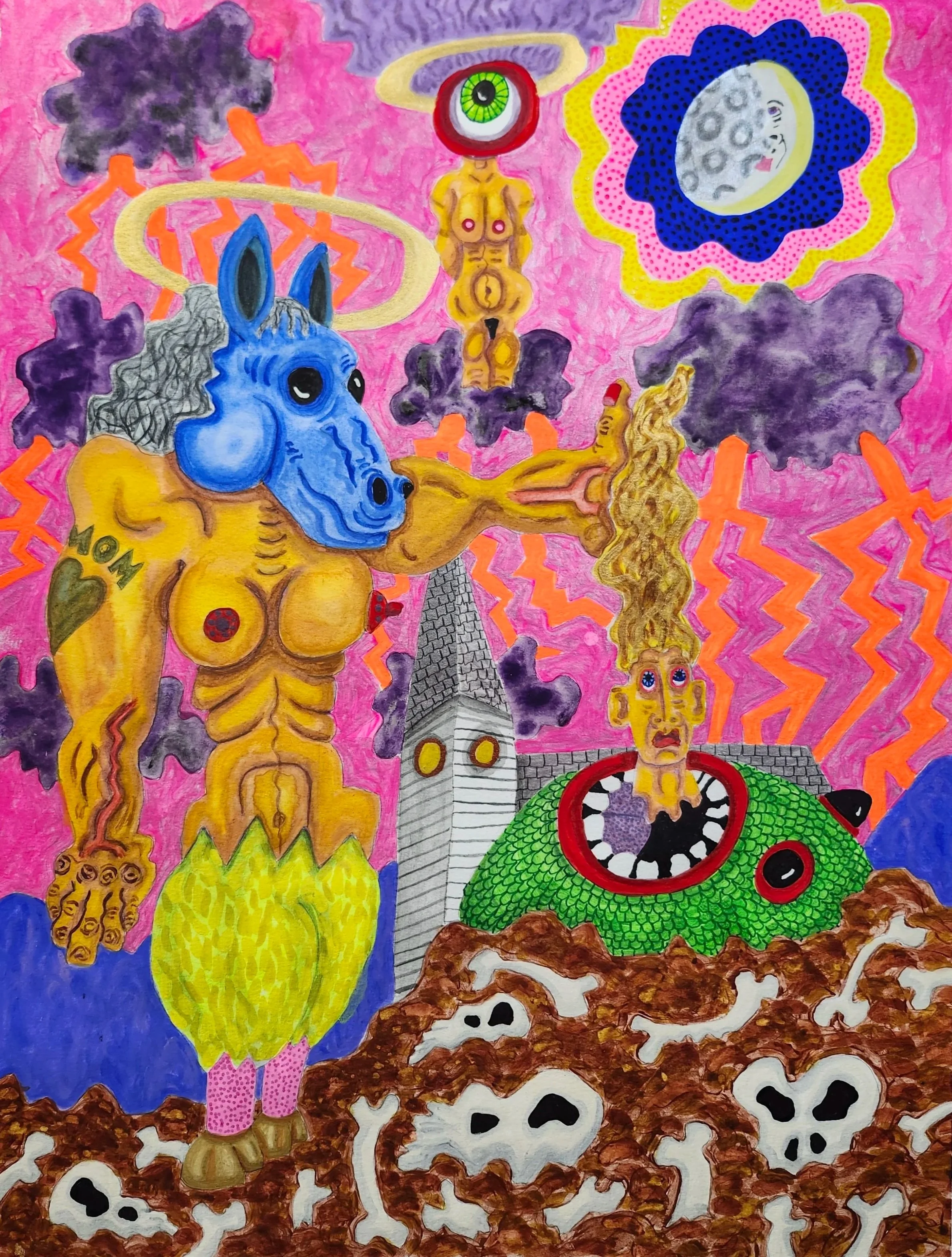 Evil Centaur Feeds His Pet | 2025 | Watercolor, Tempera | 18 x 24