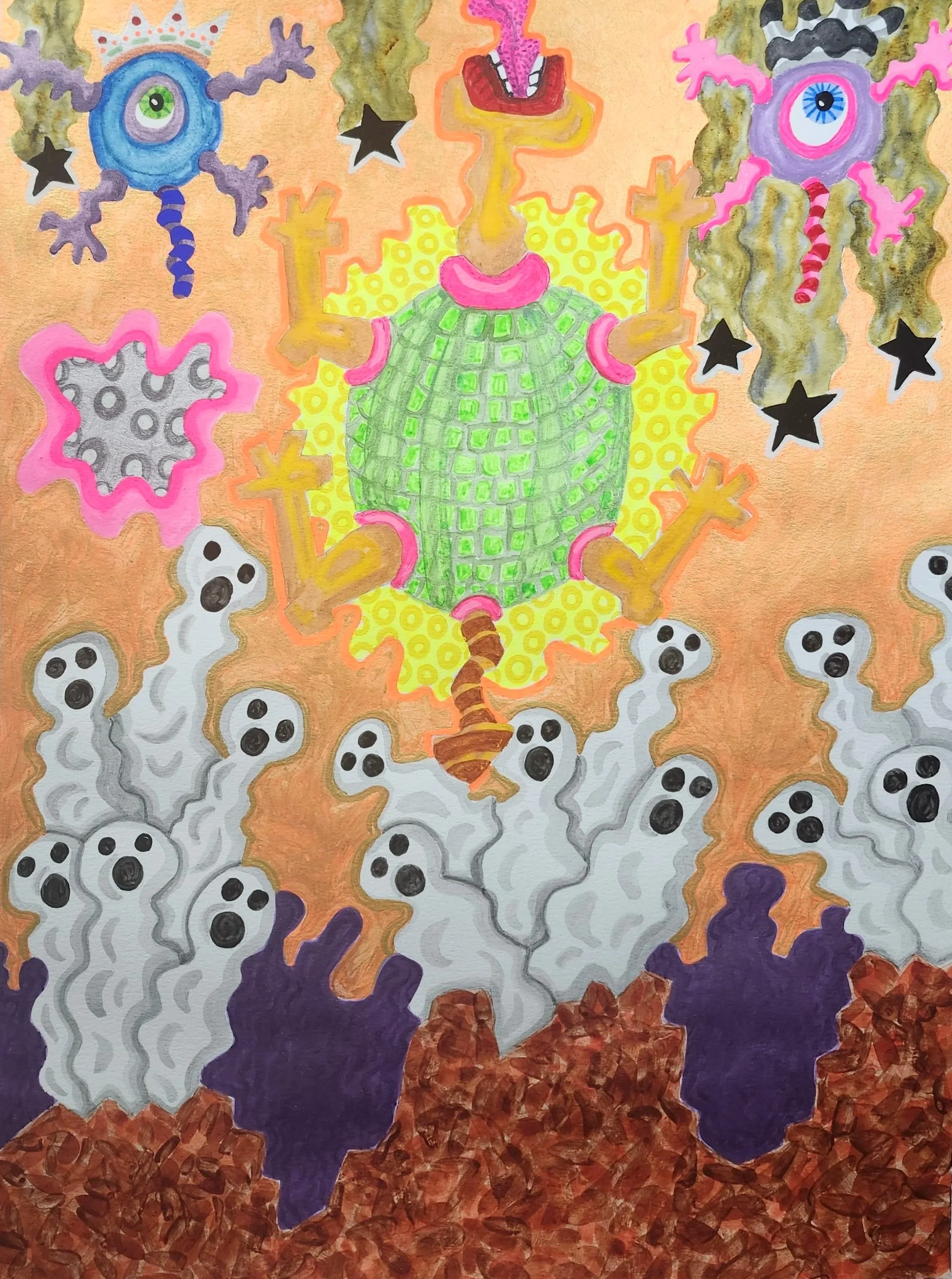 The Spirits Rise Up To Worship the Turtle God | 2025 | Watercolor, Ink | 18 x 24