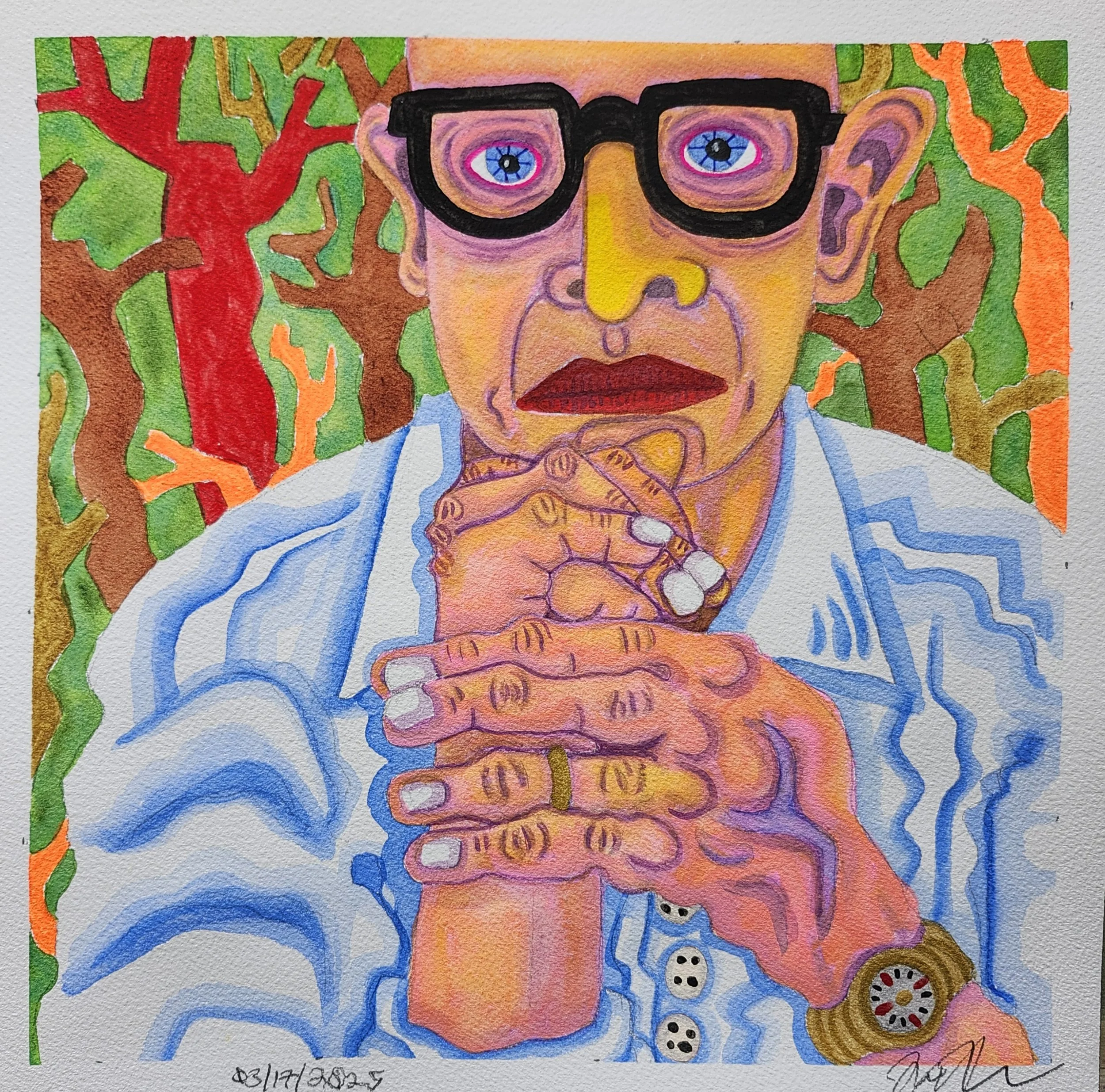 Watercolor, Tempera, Flashe, Sharpies. Arches 140 lb. Cold press paper 12 x 12 in.