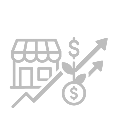 Graphic of a storefront with growing arrows and dollar signs indicating business growth and increasing revenue.