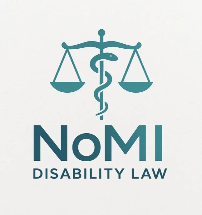 Logo with scales of justice and caduceus symbol, text reads 'NOMI Disability Law'.