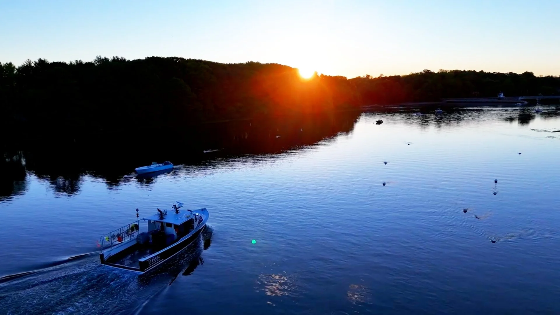 A boat on calm water at sunset with a shoreline and trees in the background.