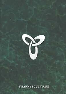 A white abstract sculpture resembling a stylized knot on a dark green background, with the text 'T Barny Sculpture' at the bottom.