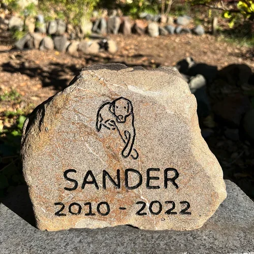 A memorial stone with an engraved drawing of a dog, the name 'Sander', and the years 2010 to 2022, on a sunny outdoor ground.
