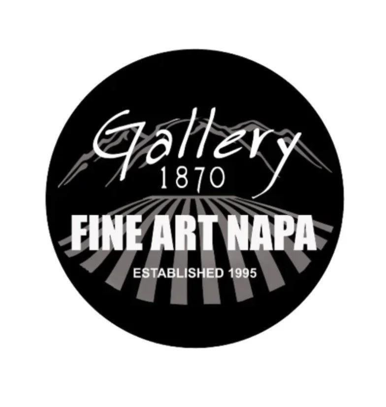 Logo for Gallery 1870 Fine Art Napa, established in 1995, with a mountain range and vineyard imagery.