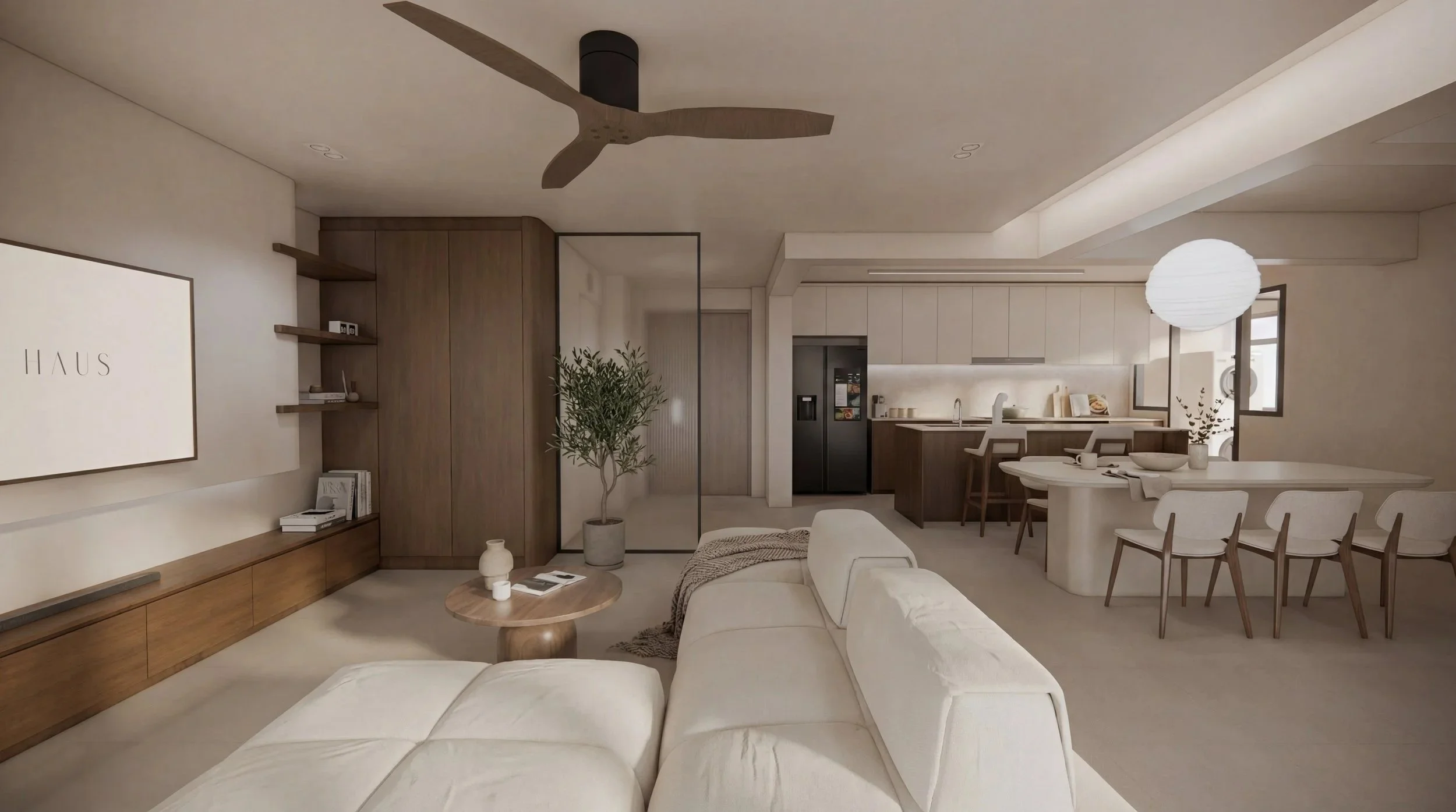 Explore this modern Japandi home designed by Built Different Studio in Singapore. Featuring open, welcoming spaces, natural textures, and greenery, this interior blends minimalism with warmth—perfect for homeowners who love to host.