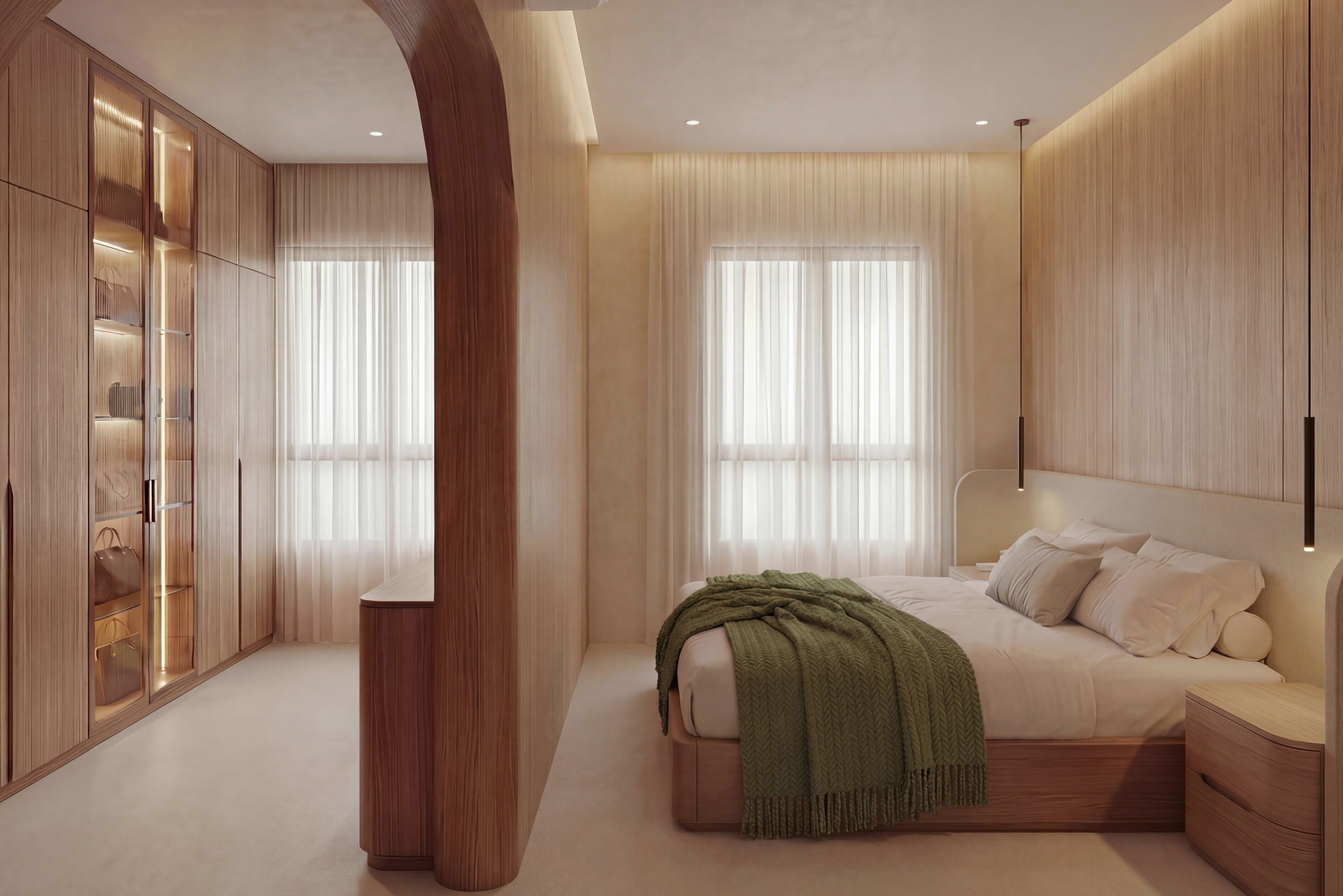 Mid-century modern BTO bedroom with walnut wood finishes and built-in wardrobe design
