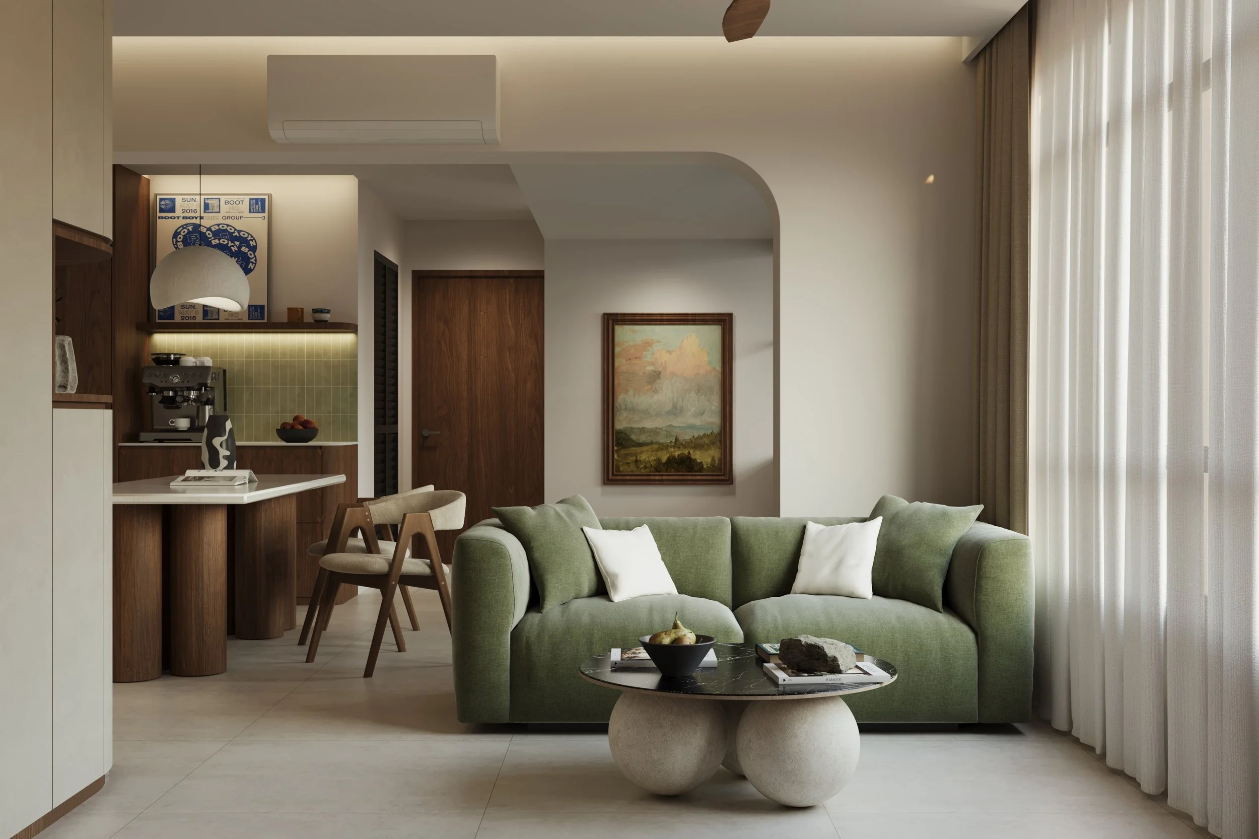 Experience timeless elegance with this mid-century modern BTO by Built Different Studio, featuring warm walnut tones and vibrant green accents. Designed for modern Singapore living, the space blends classic style with contemporary comfort, creating a