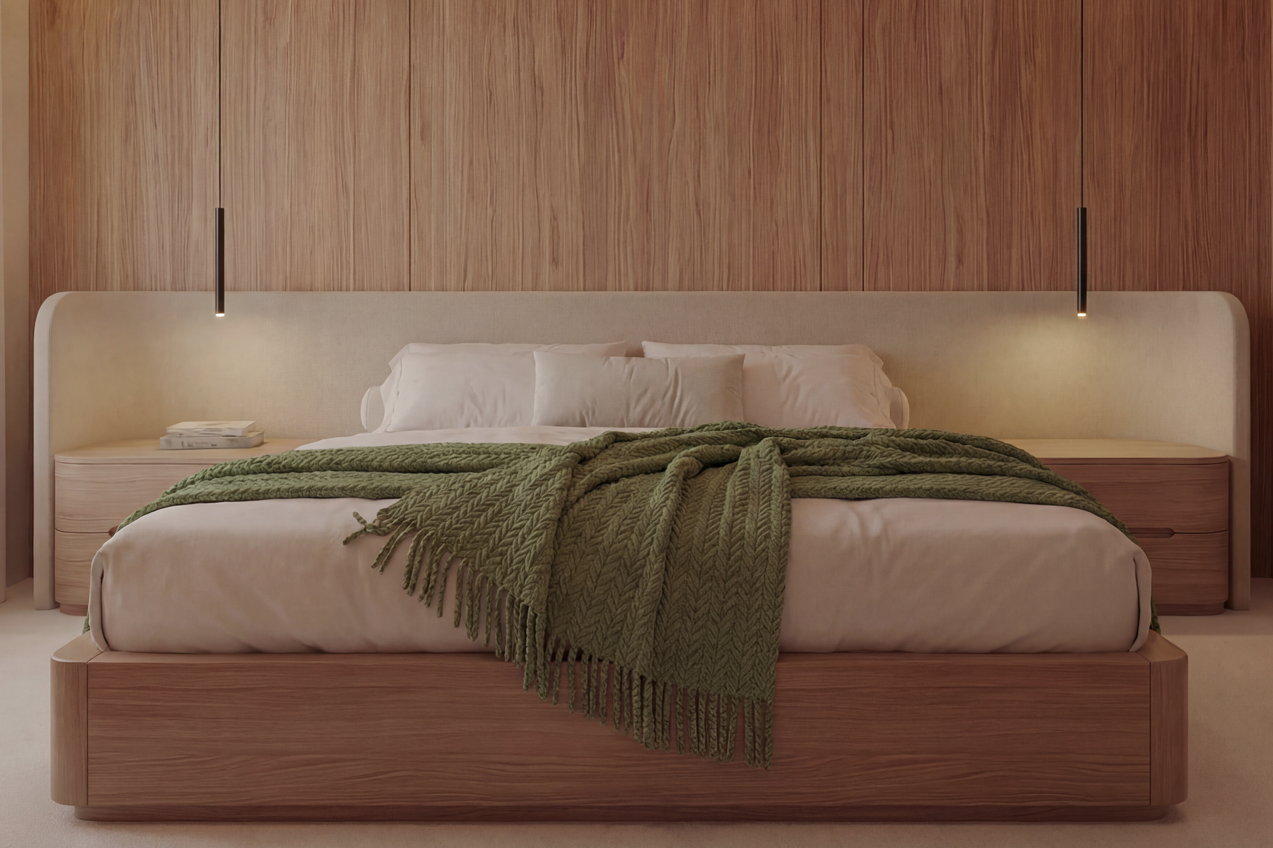 Mid-century modern BTO bedroom with walnut wood finishes and built-in wardrobe design