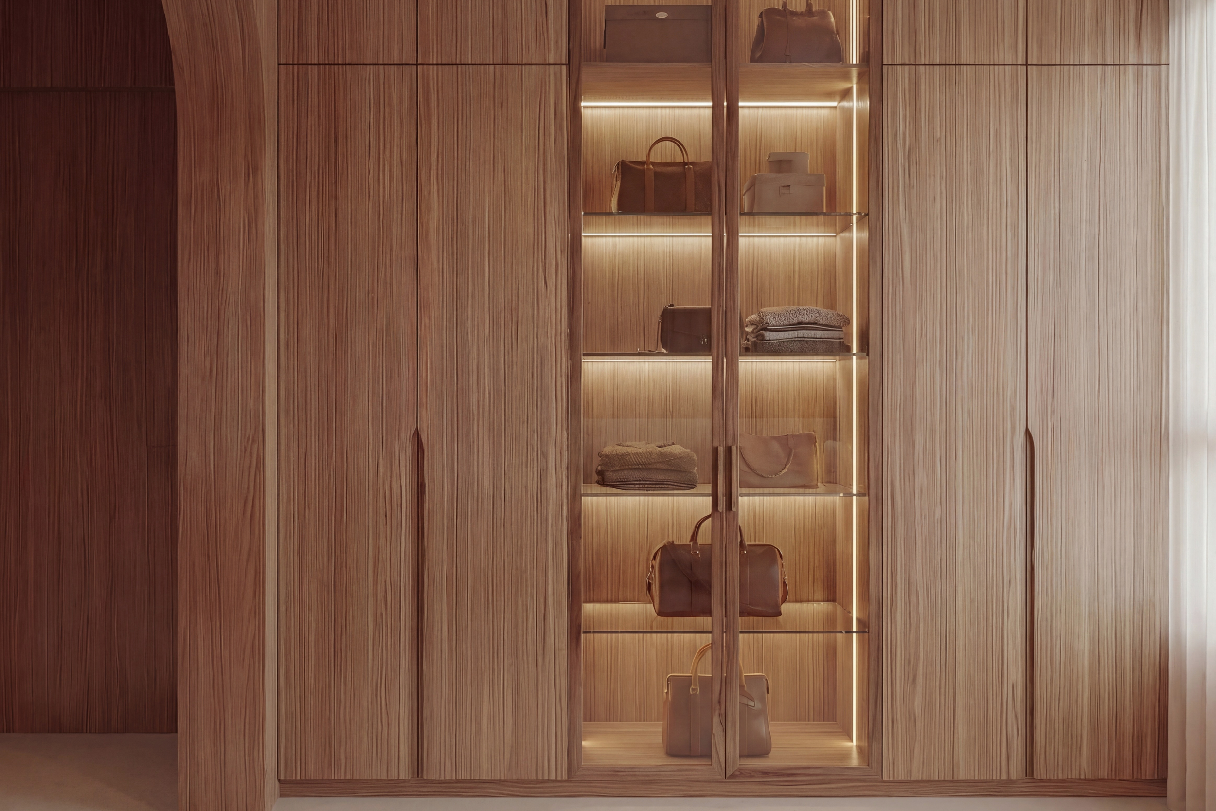 Mid-century modern BTO bedroom with walnut wood finishes and built-in wardrobe design