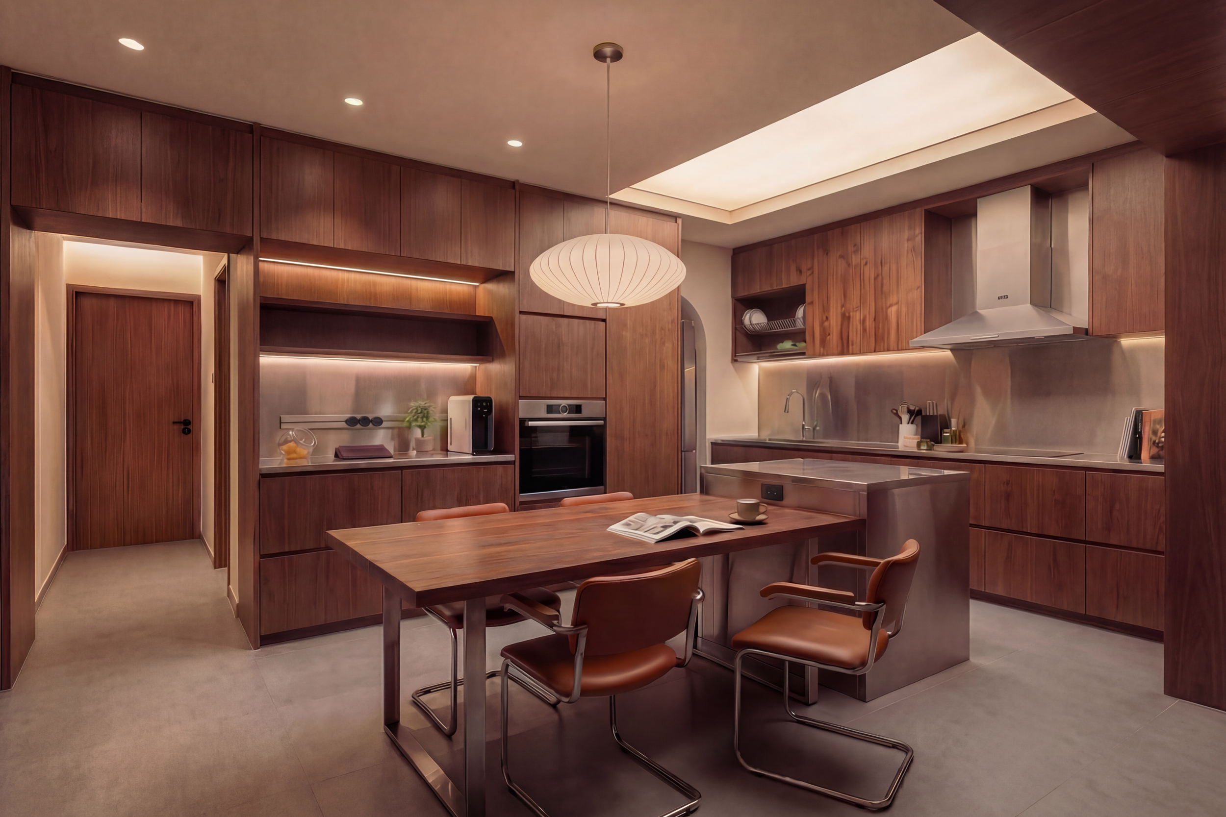 Mid-century modern dining area in Singapore BTO renovation featuring walnut wood tones and stainless steel accents