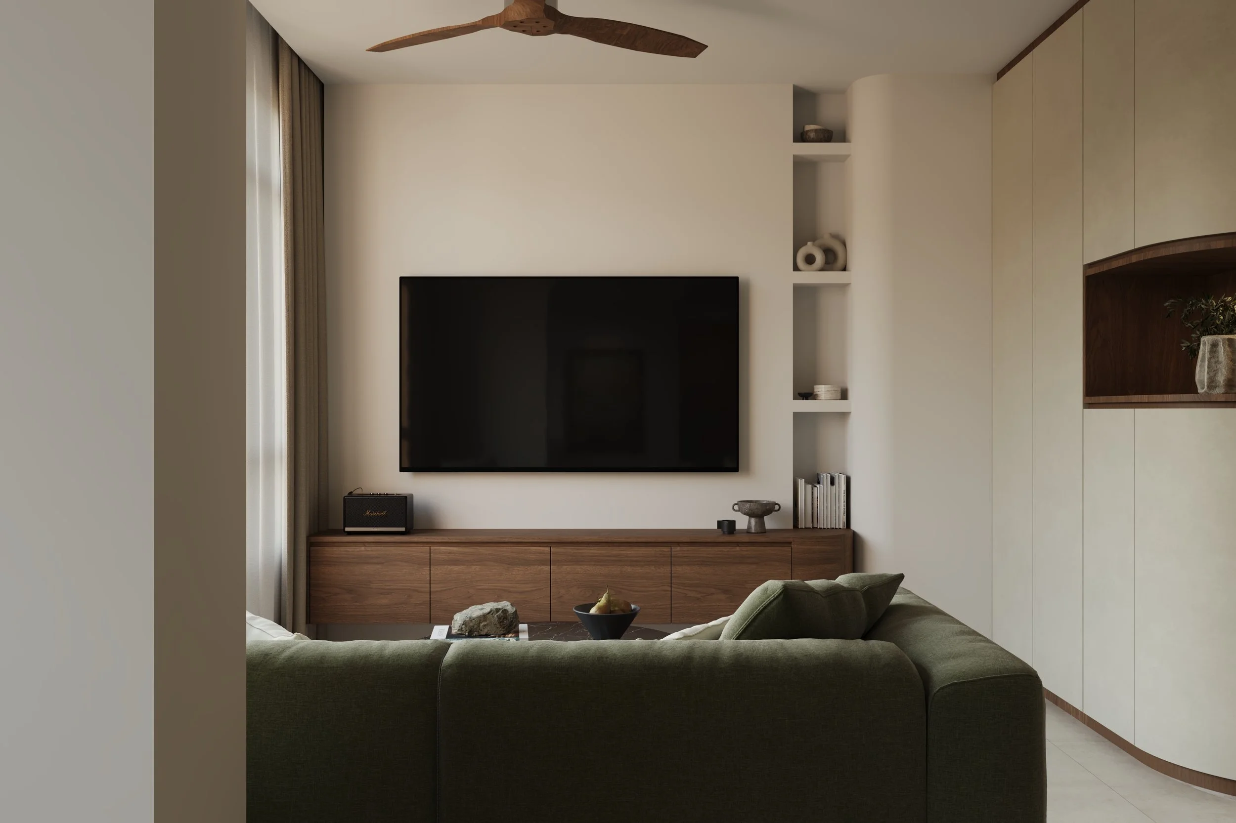 Experience timeless elegance with this mid-century modern BTO by Built Different Studio, featuring warm walnut tones and vibrant green accents. Designed for modern Singapore living, the space blends classic style with contemporary comfort, creating a