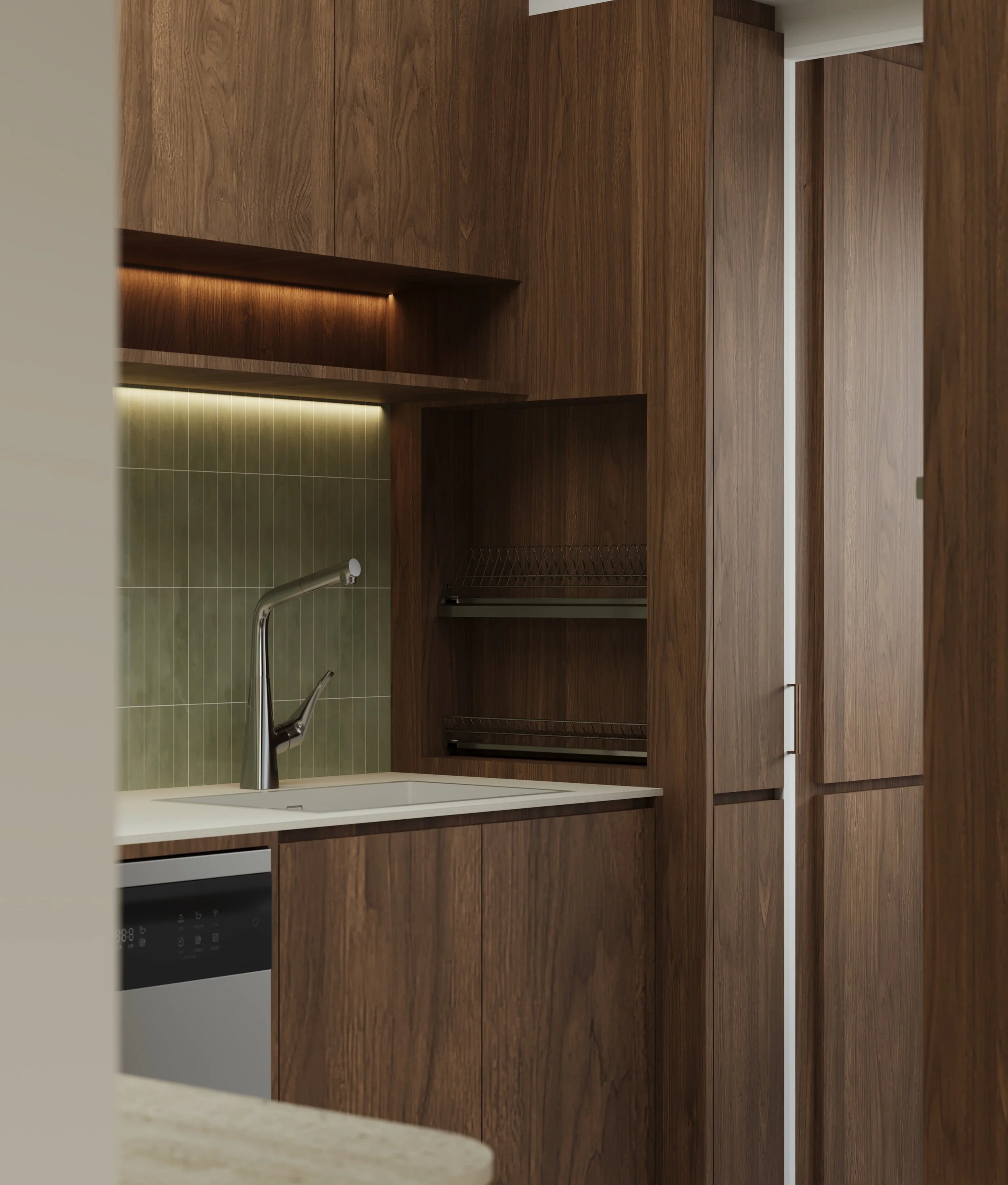 Experience timeless elegance with this mid-century modern BTO by Built Different Studio, featuring warm walnut tones and vibrant green accents. Designed for modern Singapore living, the space blends classic style with contemporary comfort, creating a