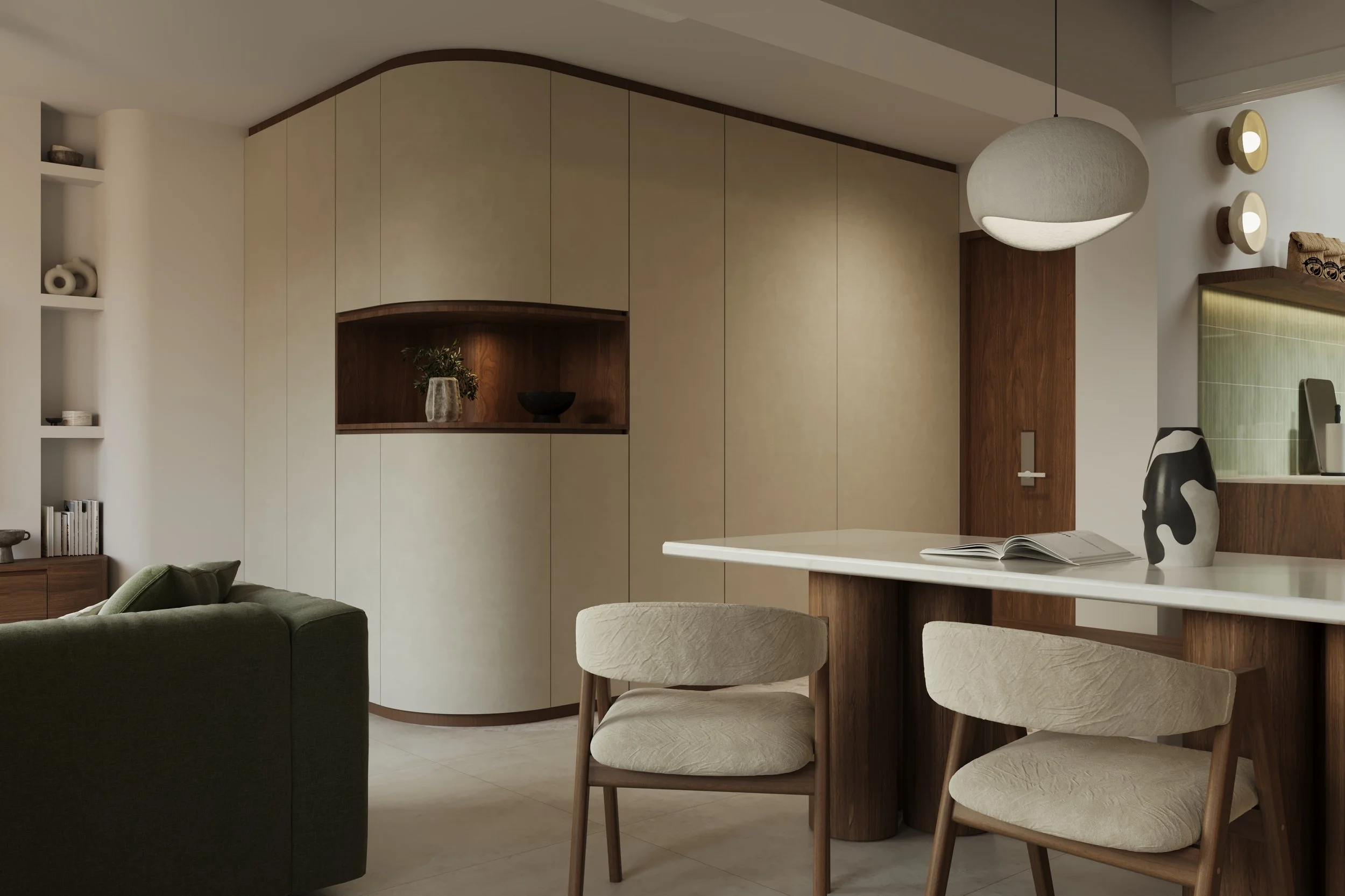 Experience timeless elegance with this mid-century modern BTO by Built Different Studio, featuring warm walnut tones and vibrant green accents. Designed for modern Singapore living, the space blends classic style with contemporary comfort, creating a