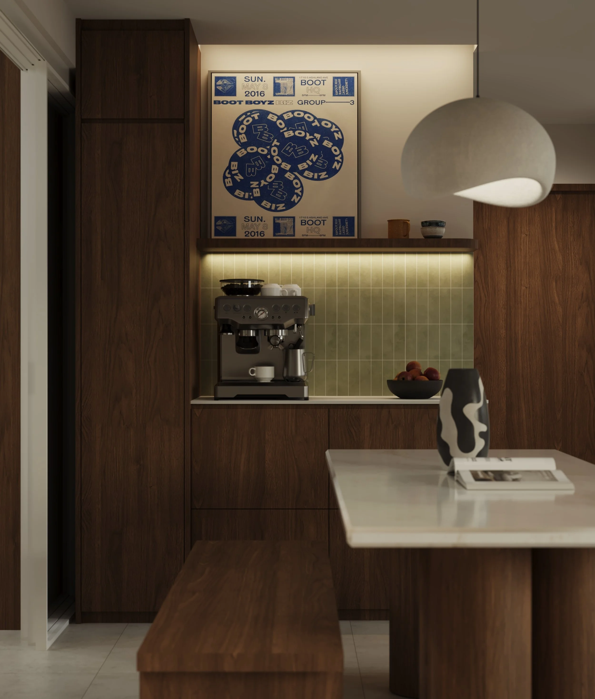 Experience timeless elegance with this mid-century modern BTO by Built Different Studio, featuring warm walnut tones and vibrant green accents. Designed for modern Singapore living, the space blends classic style with contemporary comfort, creating a