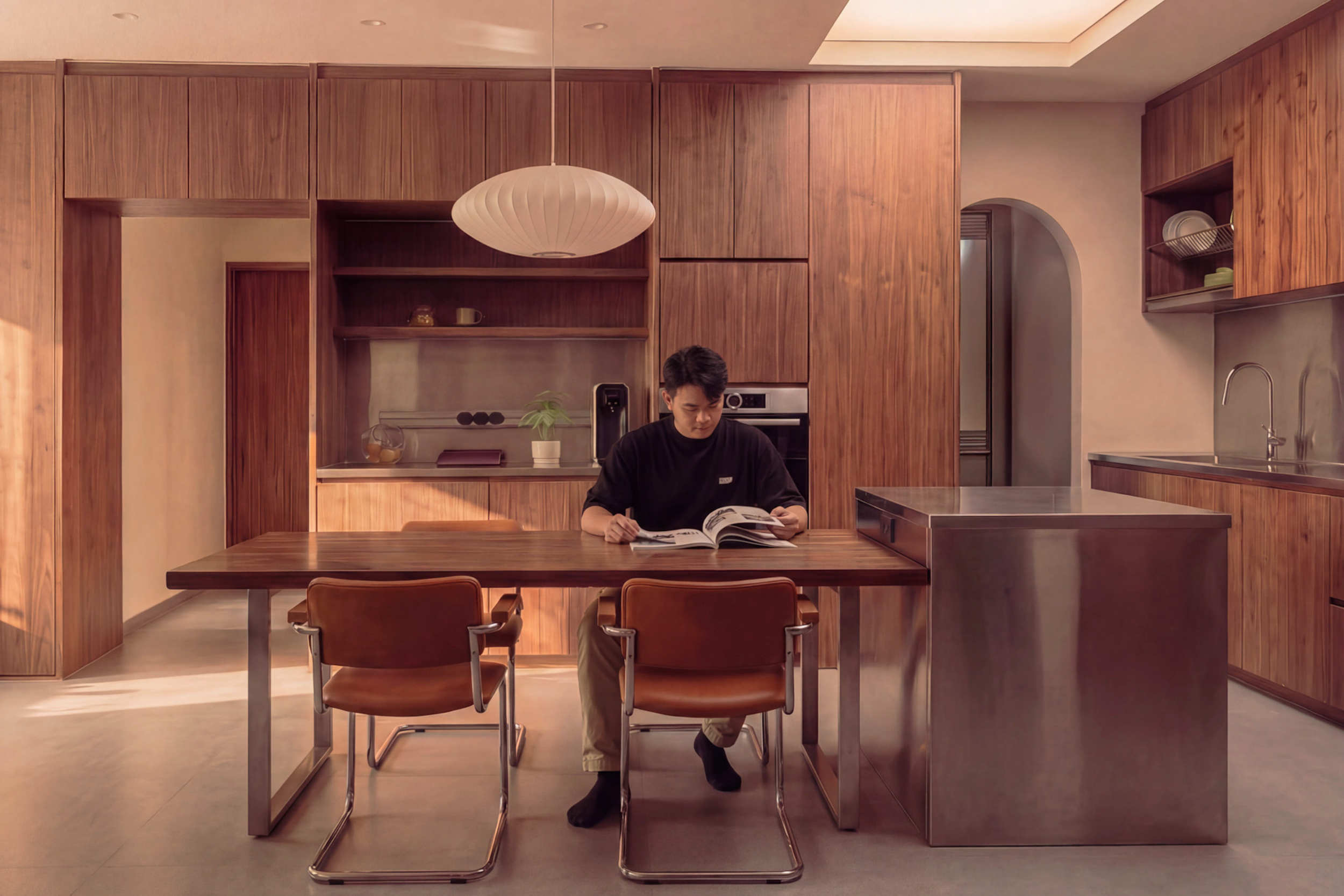 Mid-century modern kitchen in a Singapore 4-room BTO with walnut cabinetry and stainless steel accents