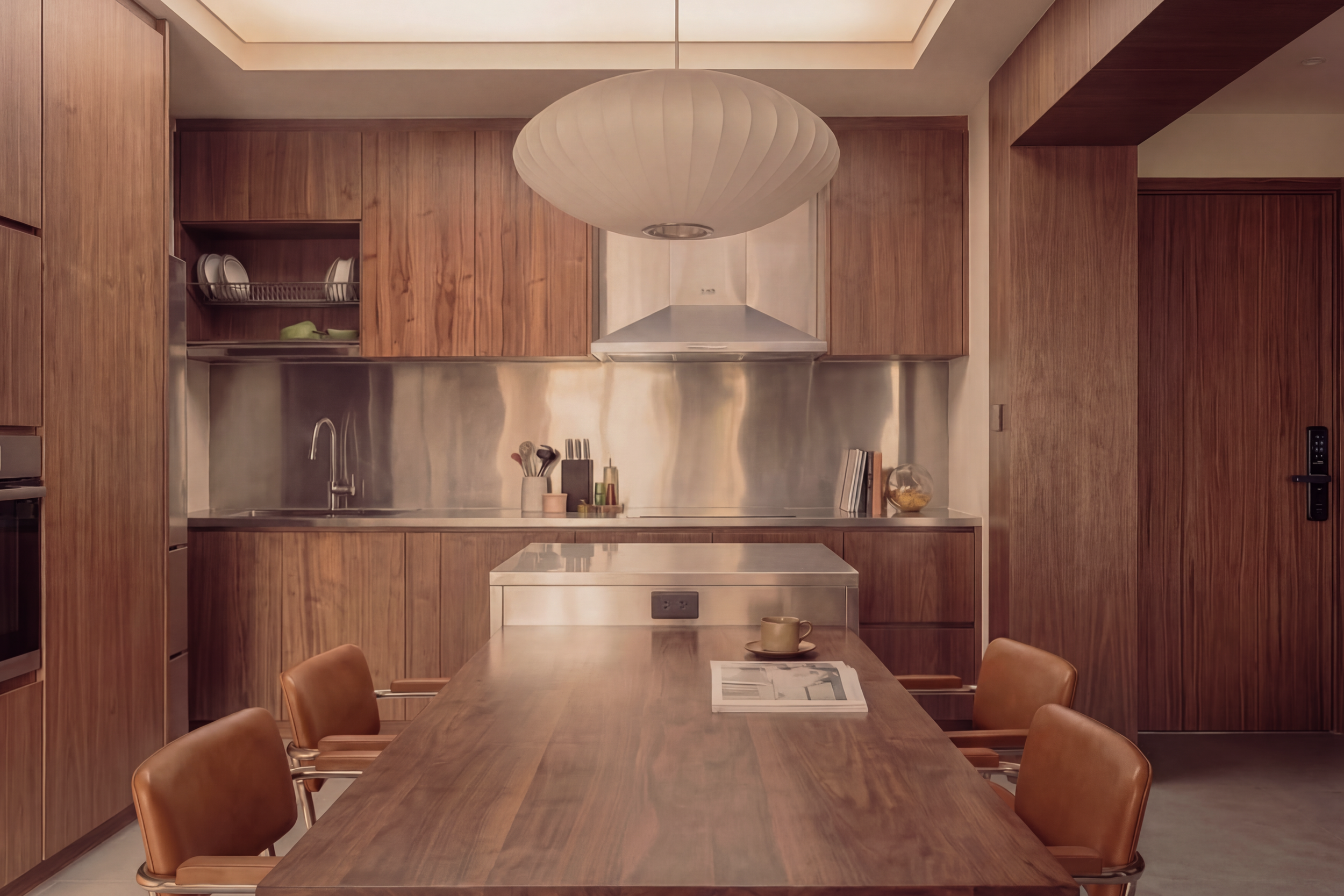 Mid-century modern kitchen in a Singapore 4-room BTO with walnut cabinetry and stainless steel accents