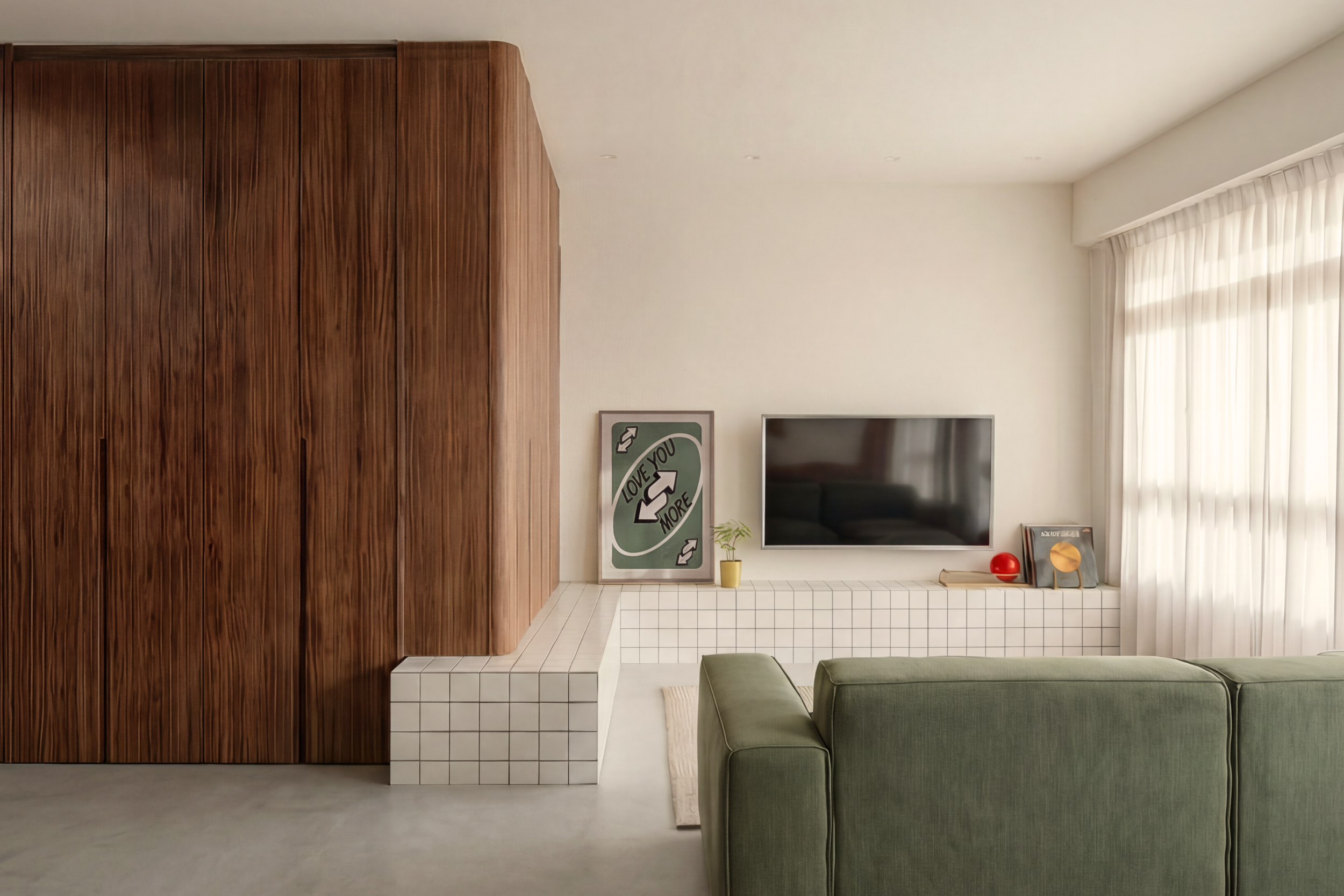 Mid-century modern dining area in Singapore BTO renovation featuring walnut wood tones and statement tile accents
