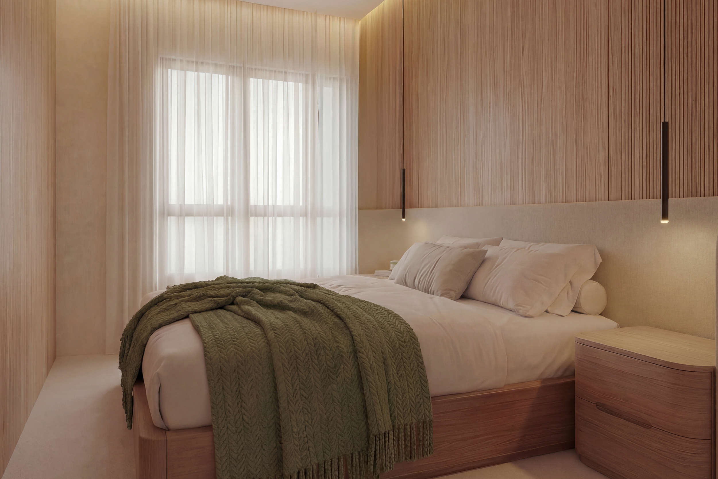 Mid-century modern BTO bedroom with walnut wood finishes and built-in wardrobe design