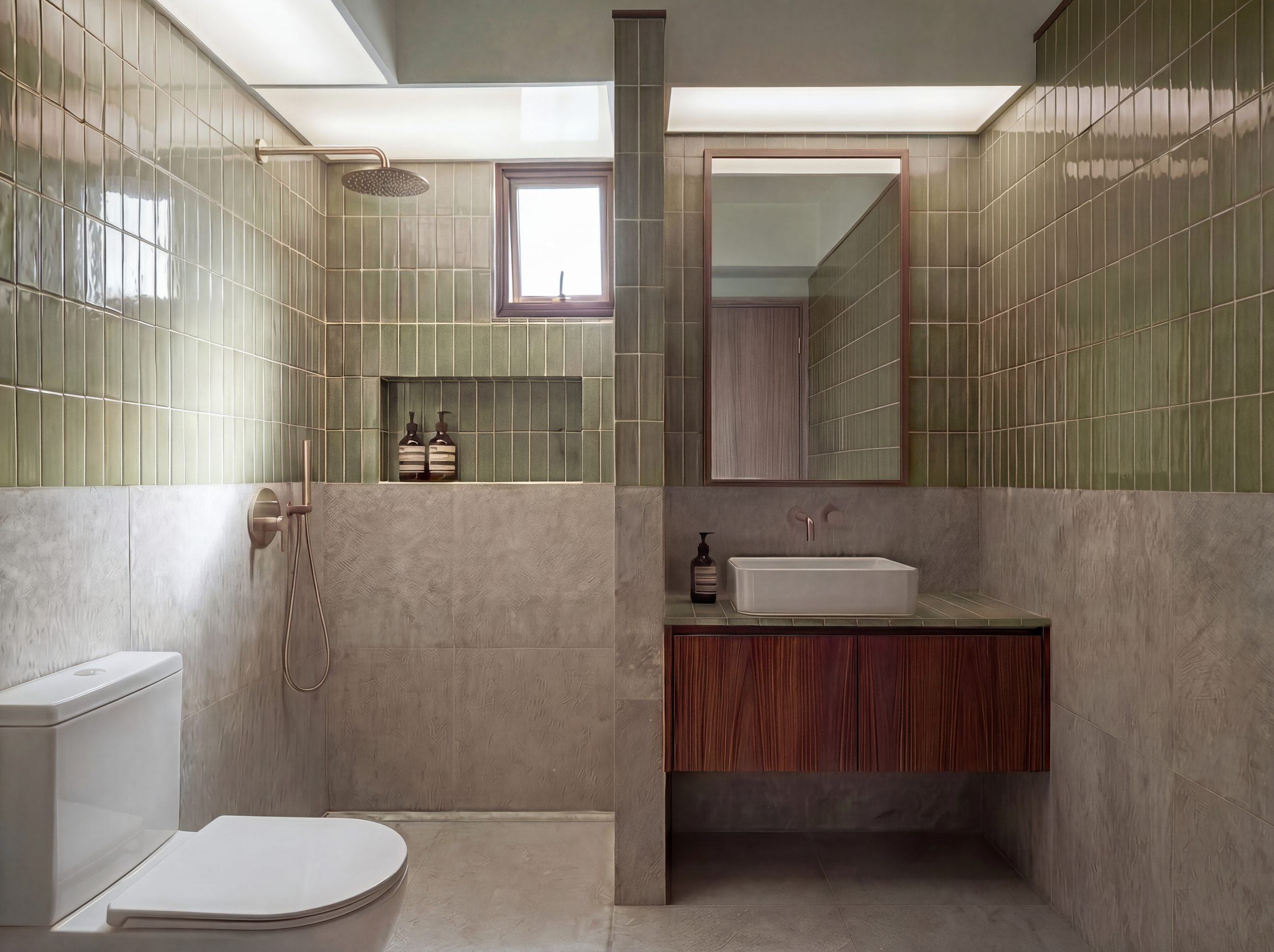 Mid-century modern BTO bathroom in Singapore featuring green tiles and grey micro-cement finishes
