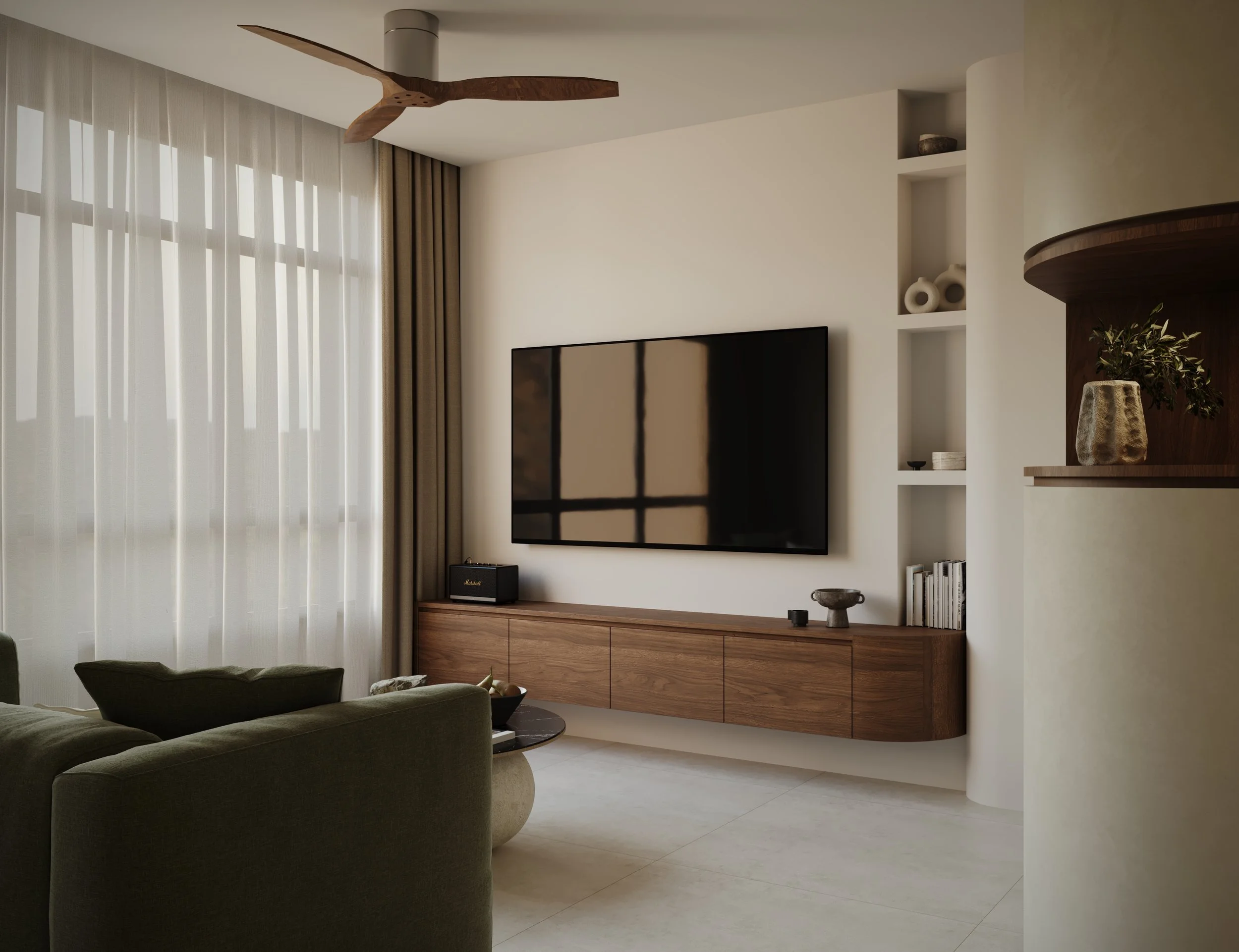 Experience timeless elegance with this mid-century modern BTO by Built Different Studio, featuring warm walnut tones and vibrant green accents. Designed for modern Singapore living, the space blends classic style with contemporary comfort, creating a