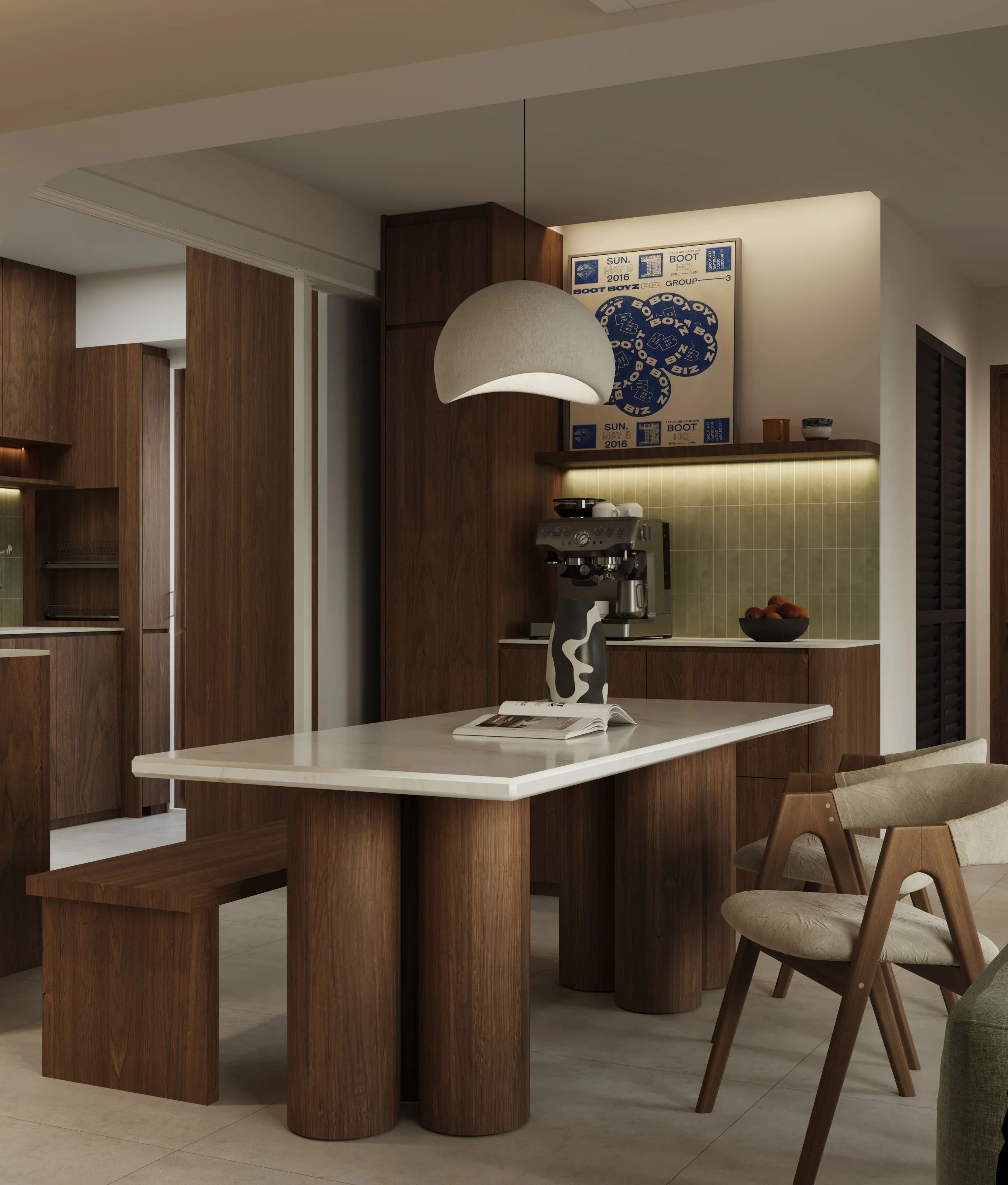 Experience timeless elegance with this mid-century modern BTO by Built Different Studio, featuring warm walnut tones and vibrant green accents. Designed for modern Singapore living, the space blends classic style with contemporary comfort, creating a