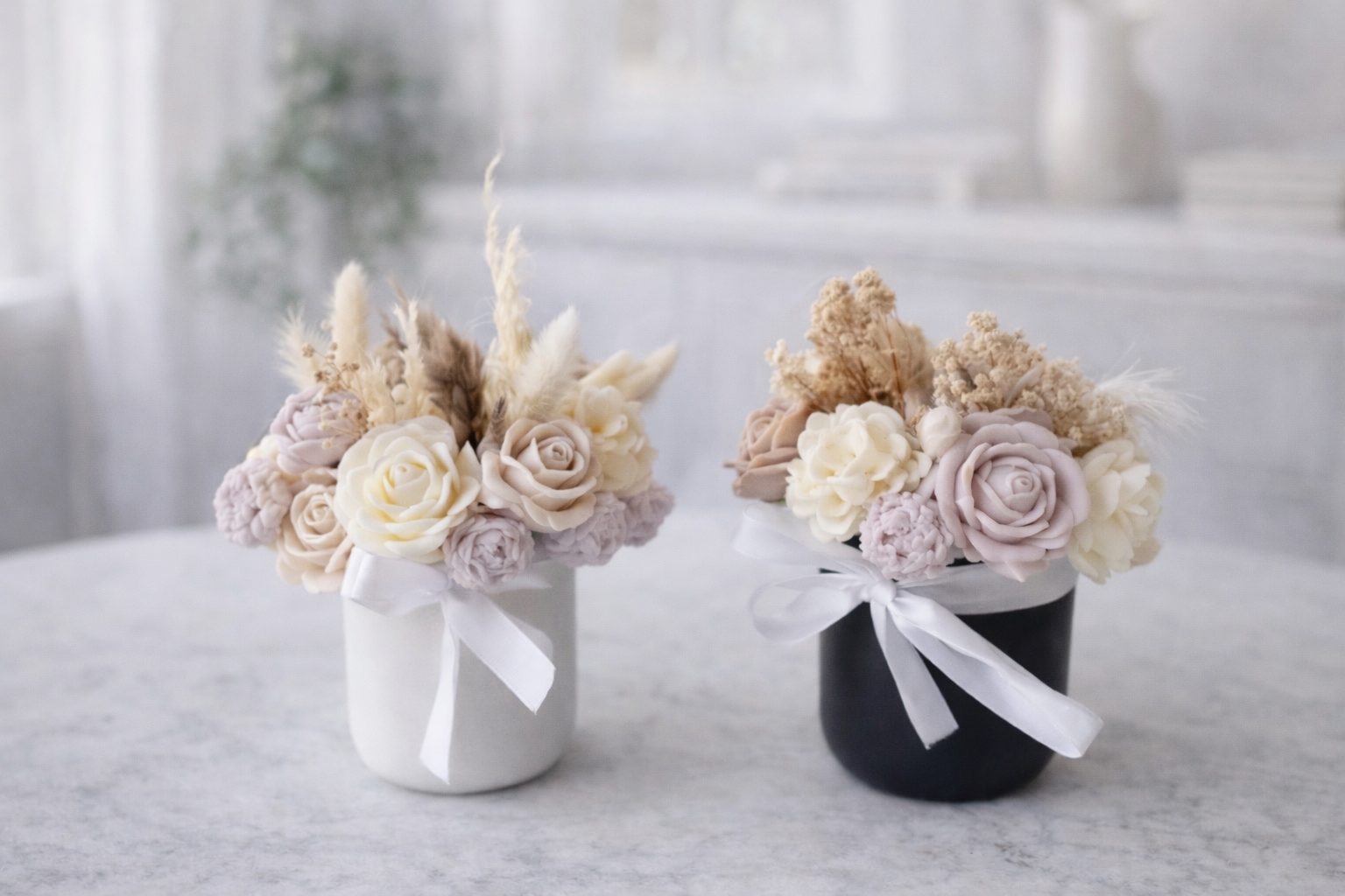 Elegant blush floral soy candle arrangement in ceramic vase, clean-burning and handcrafted in Connecticut