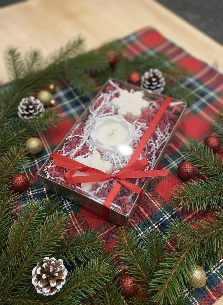 Holiday candle gift set with handmade soy candles from Candle Club Company in Farmington Connecticut, decorated with red ribbon, pine branches, and festive ornaments.
