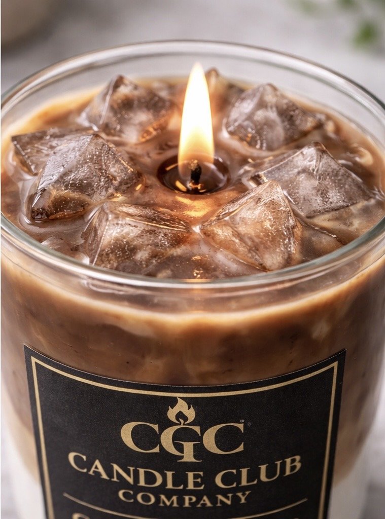 Cold brew coffee luxury soy candle close-up showing creamy wax texture and glass jar label, hand-poured 10 oz candle