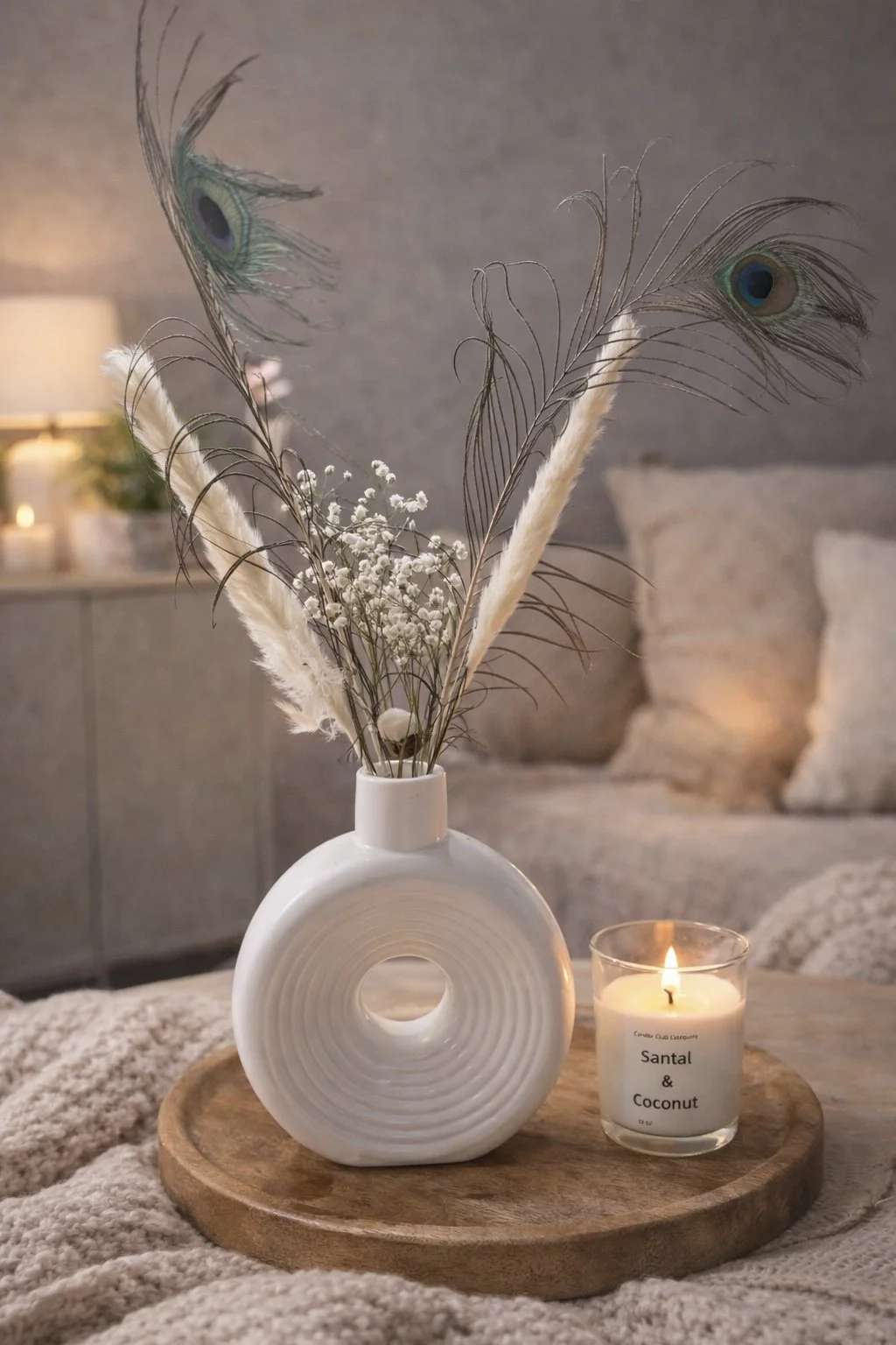 White minimalist vase with pampas grass and feathers