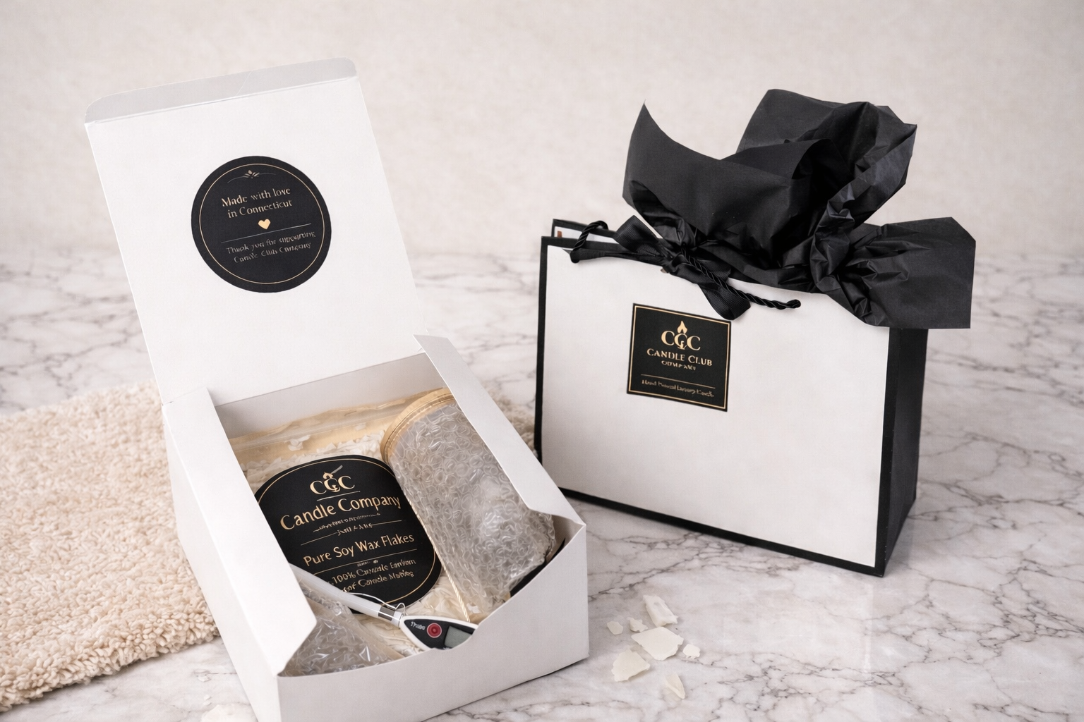 DIY candle making kit with soy wax flakes, thermometer, and luxury packaging box – Candle Club Company Connecticut